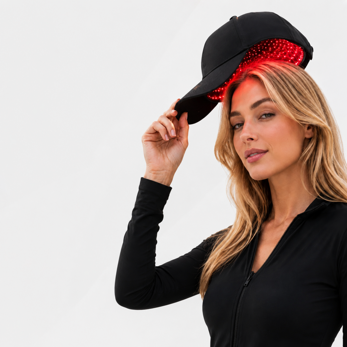 A woman wearing a black Red Light Pro Device cap with glowing red LED lights along the brim, posing against a clean white background.