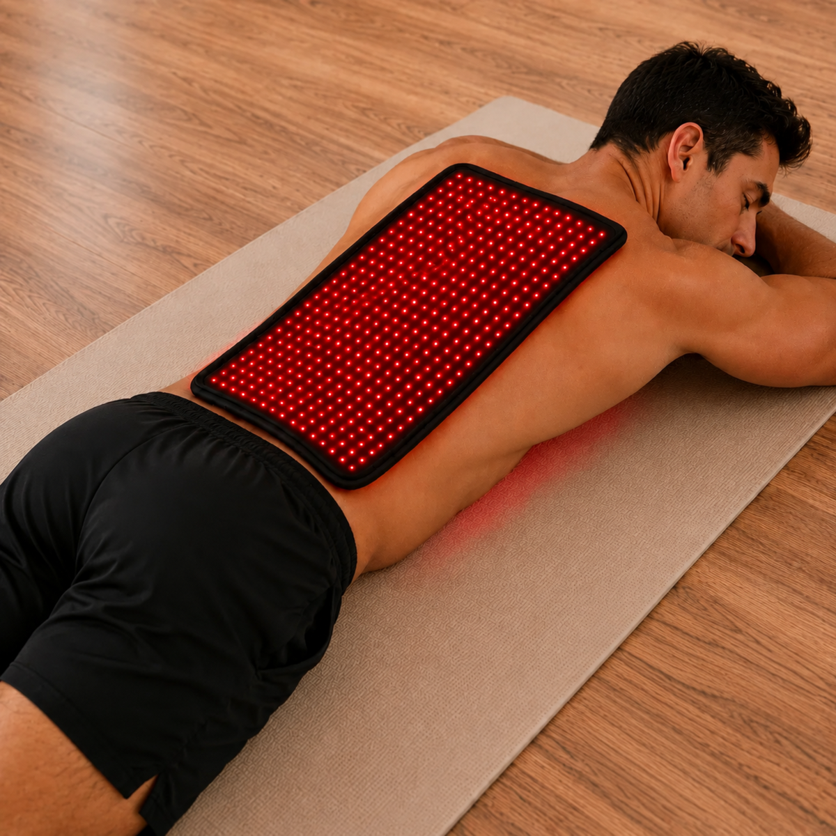 A man lying face down on a yoga mat on a wooden floor, using a red LED light therapy back panel placed on his upper back.