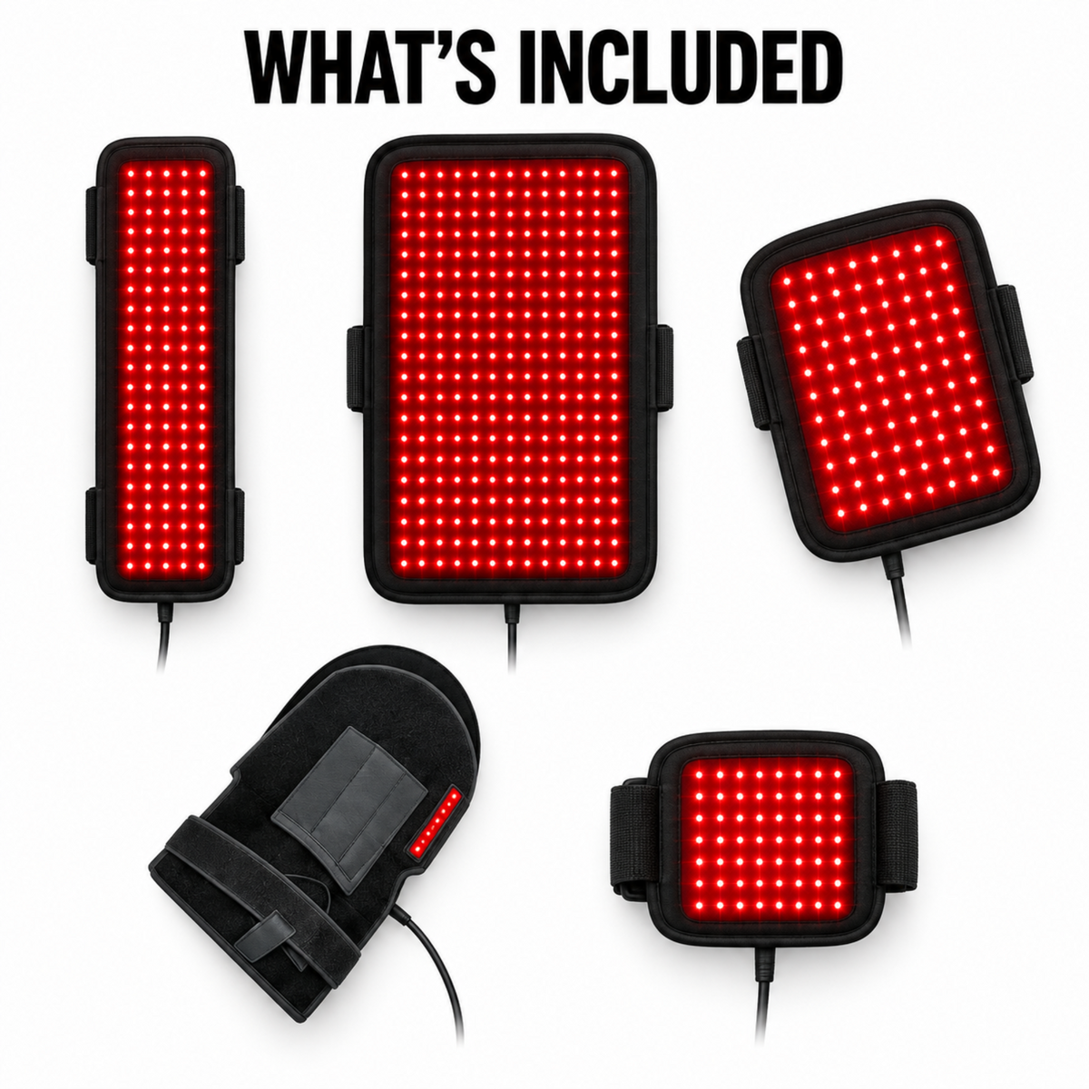 Five views of a red LED light bar product on a white background with the text 'WHAT'S INCLUDED' at the top. The product is shown in multiple sizes and angles, including one with a black strap attached.