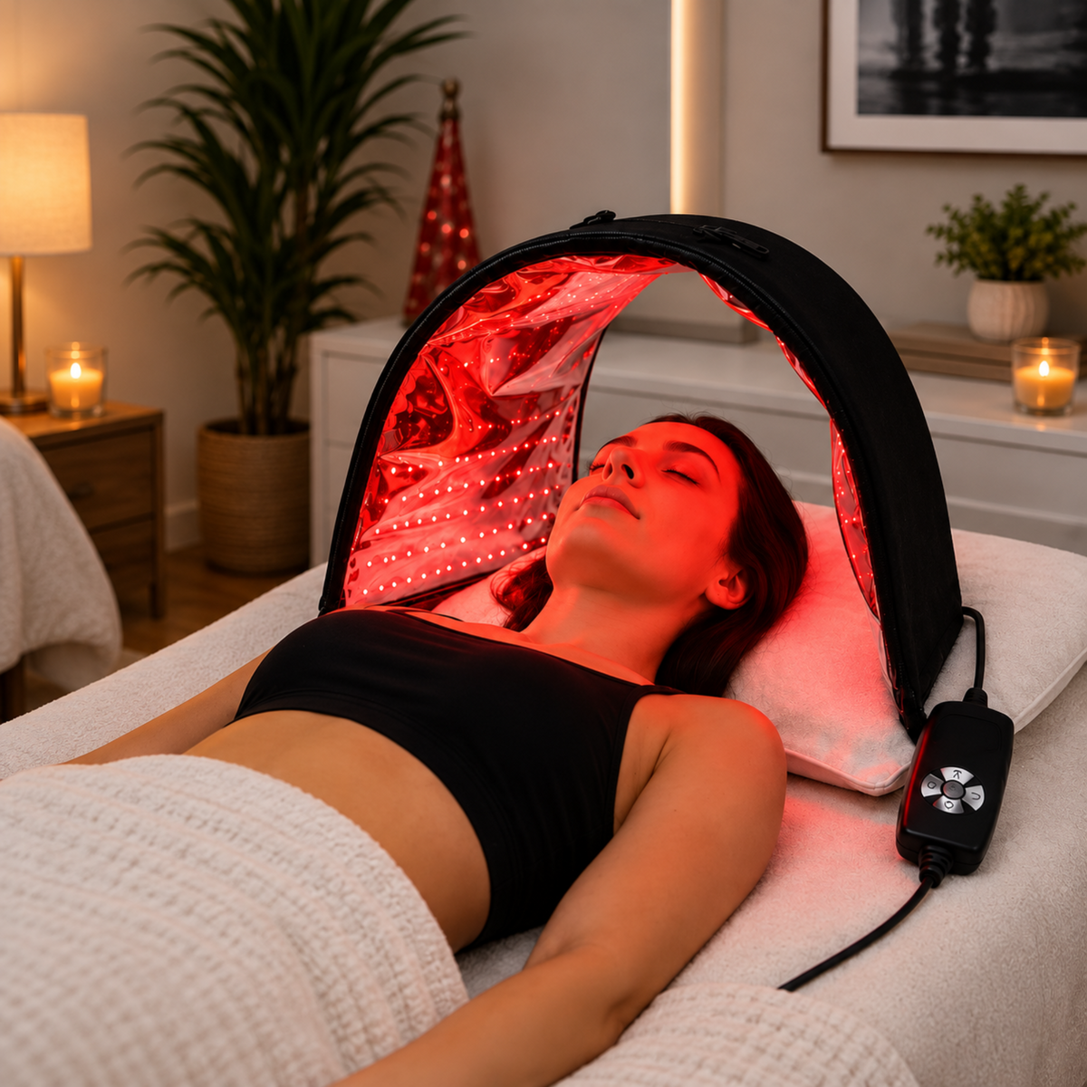 A woman lies on a treatment bed under a black LED light therapy dome emitting red light, with a handheld controller beside her. The room has warm ambient lighting, candles, and plants in the background.