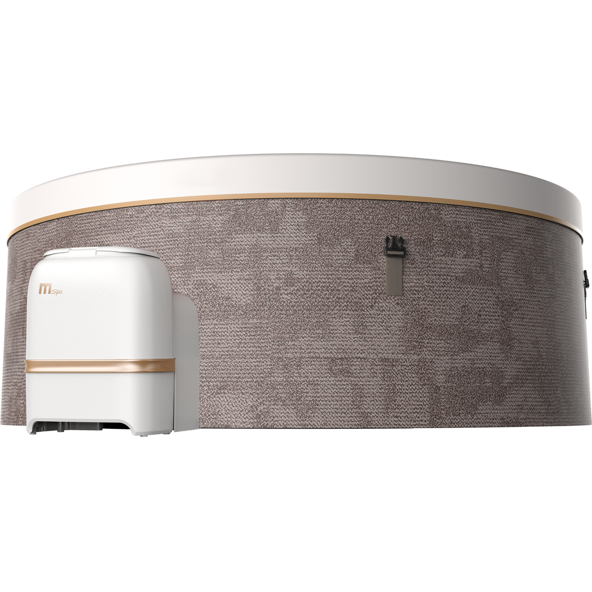 MSPA Cocoon rigid hot tub with textile-inspired design, spacious for up to 6 people, featuring sleek white and gold accents.