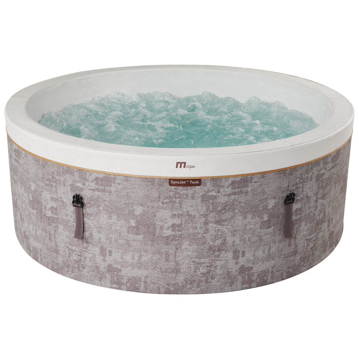 MSPA Cocoon rigid hot tub featuring a textile-inspired design with bubbling water, suitable for up to 6 people.