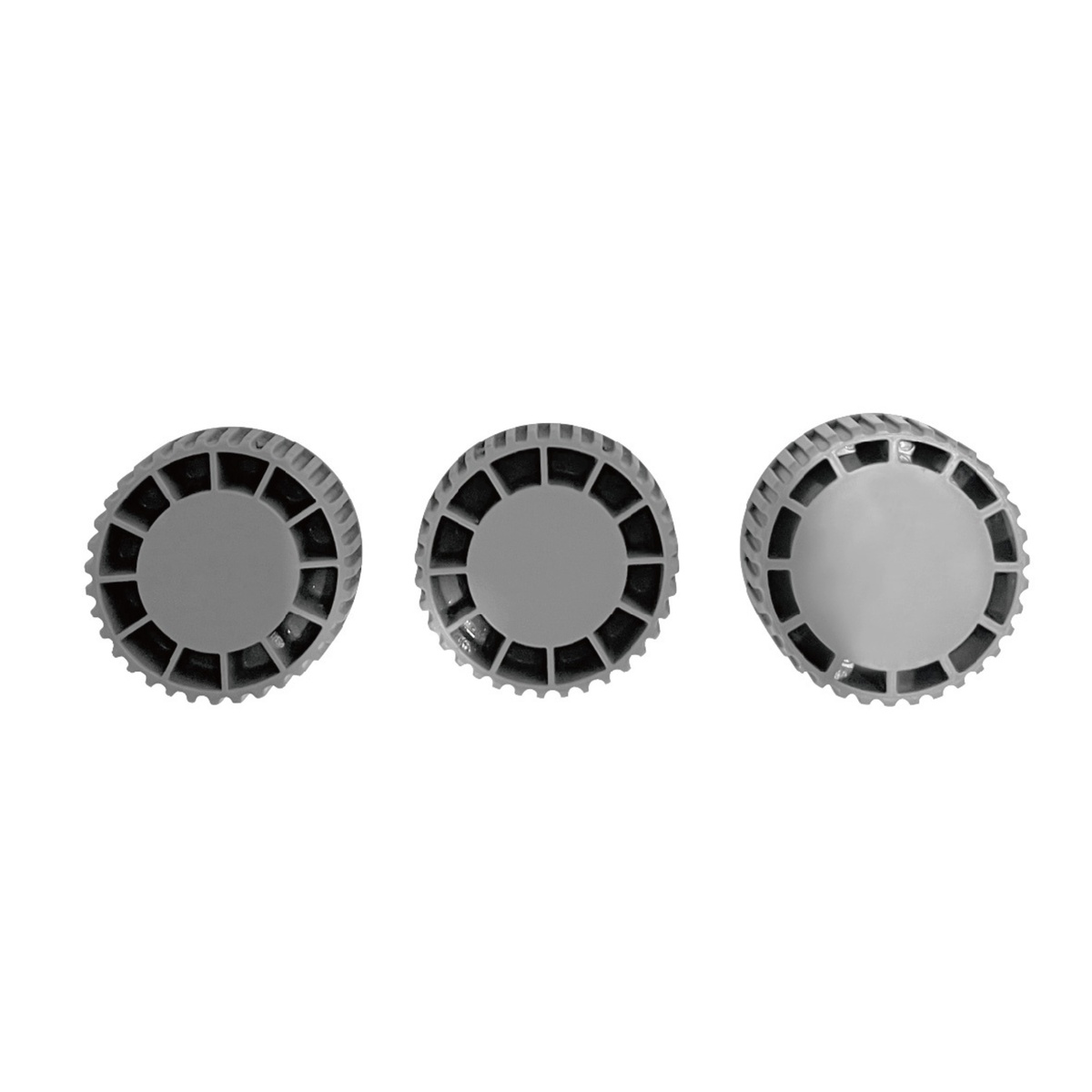 Three gray valve caps for rigid hot tub connections, showcasing different designs and sizes.