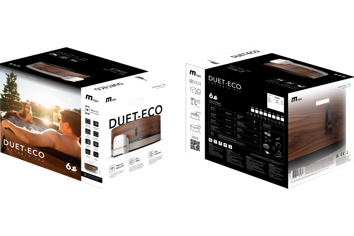 MSPA DUET ECO packaging for a rigid hot tub suitable for up to 6 persons with product features listed.