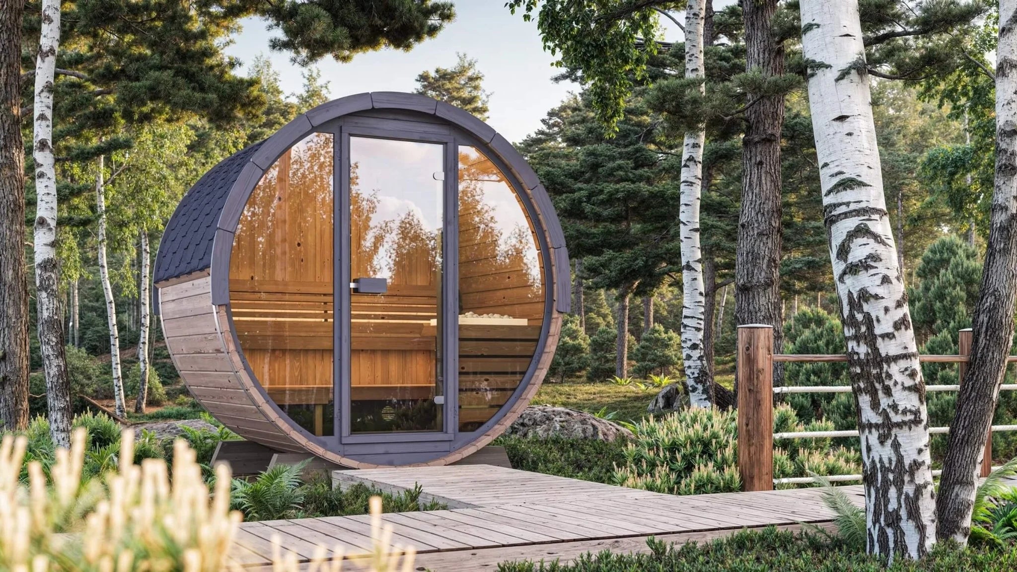 SaunaLife ERGO-Series EE6G Outdoor Barrel Sauna | Full-Glass Front | 4-Person Thermo-Spruce