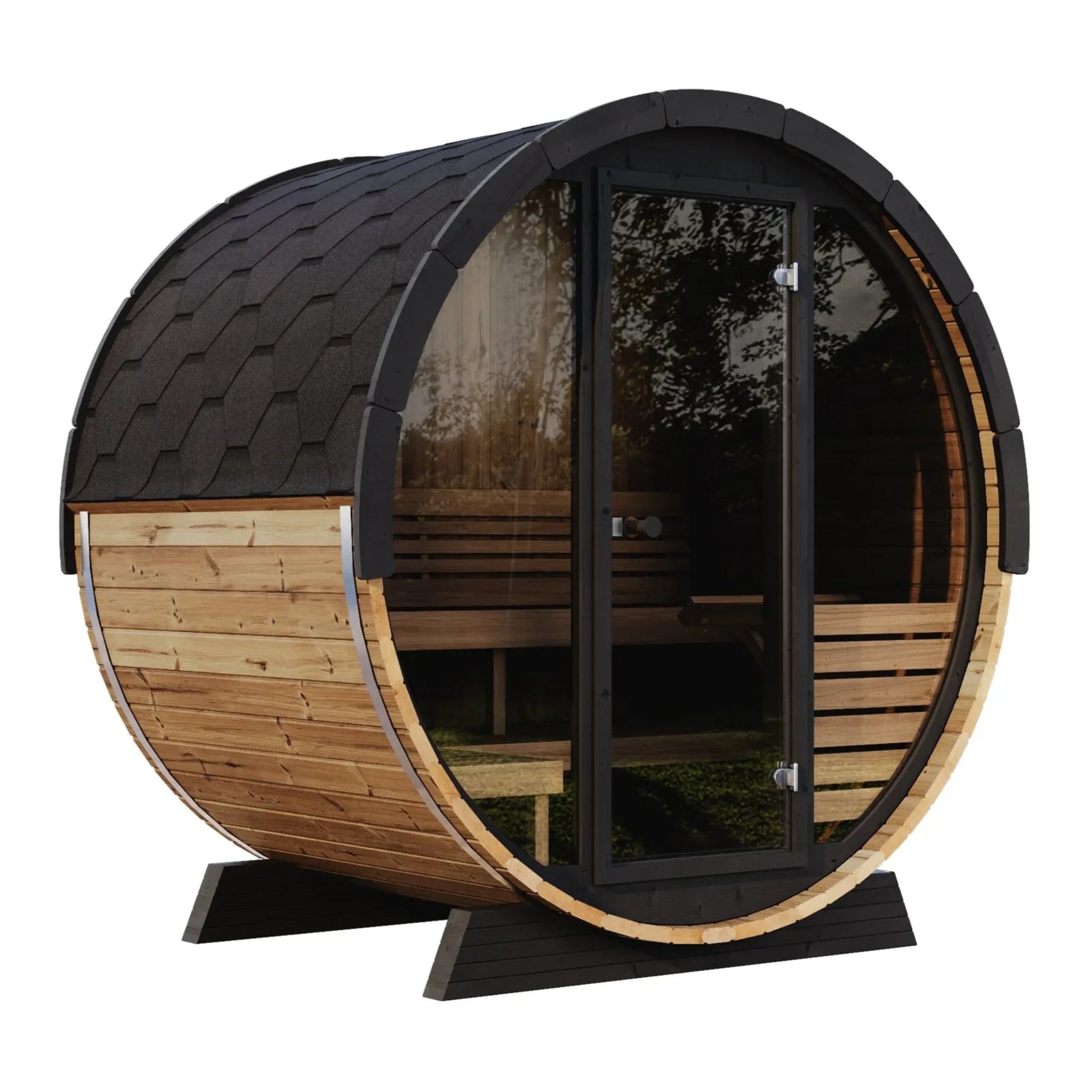 SaunaLife EE6G barrel sauna — cedar wood exterior side angle