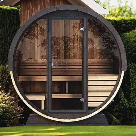 SaunaLife ERGO-Series EE6G Outdoor Barrel Sauna | Full-Glass Front | 4-Person Thermo-Spruce