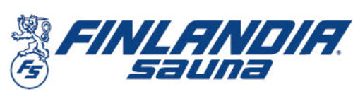 Finlandia Sauna logo with blue text and a lion emblem on a white background