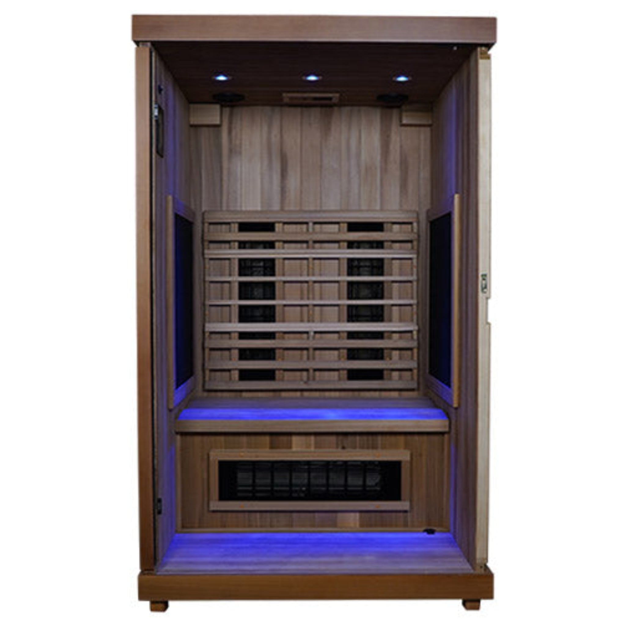 Finnmark FD-2 infrared sauna interior with blue chromotherapy lighting
