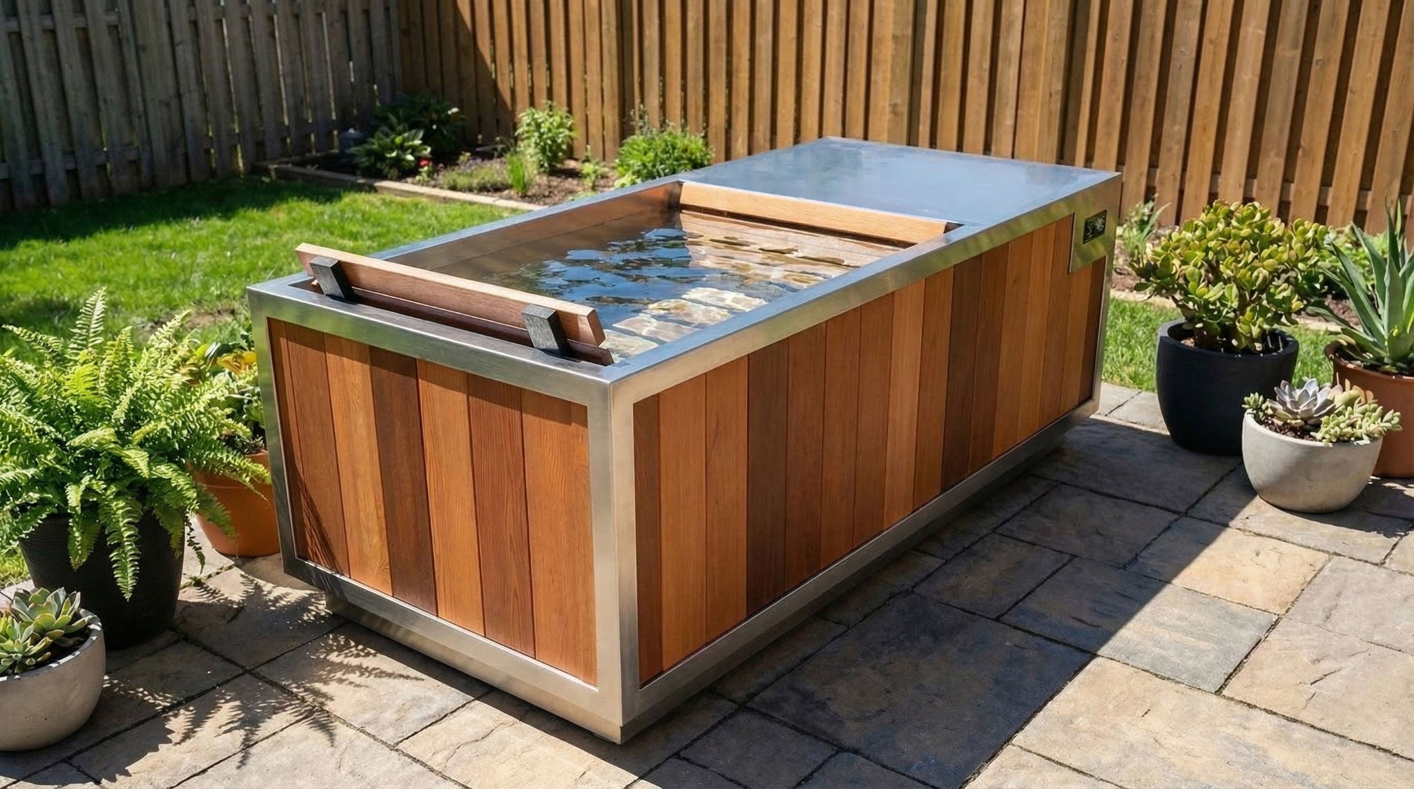 Finnmark plunge tub with a wood-look exterior and stainless steel trim, shown on a stone patio in a backyard with plants and a wooden fence.