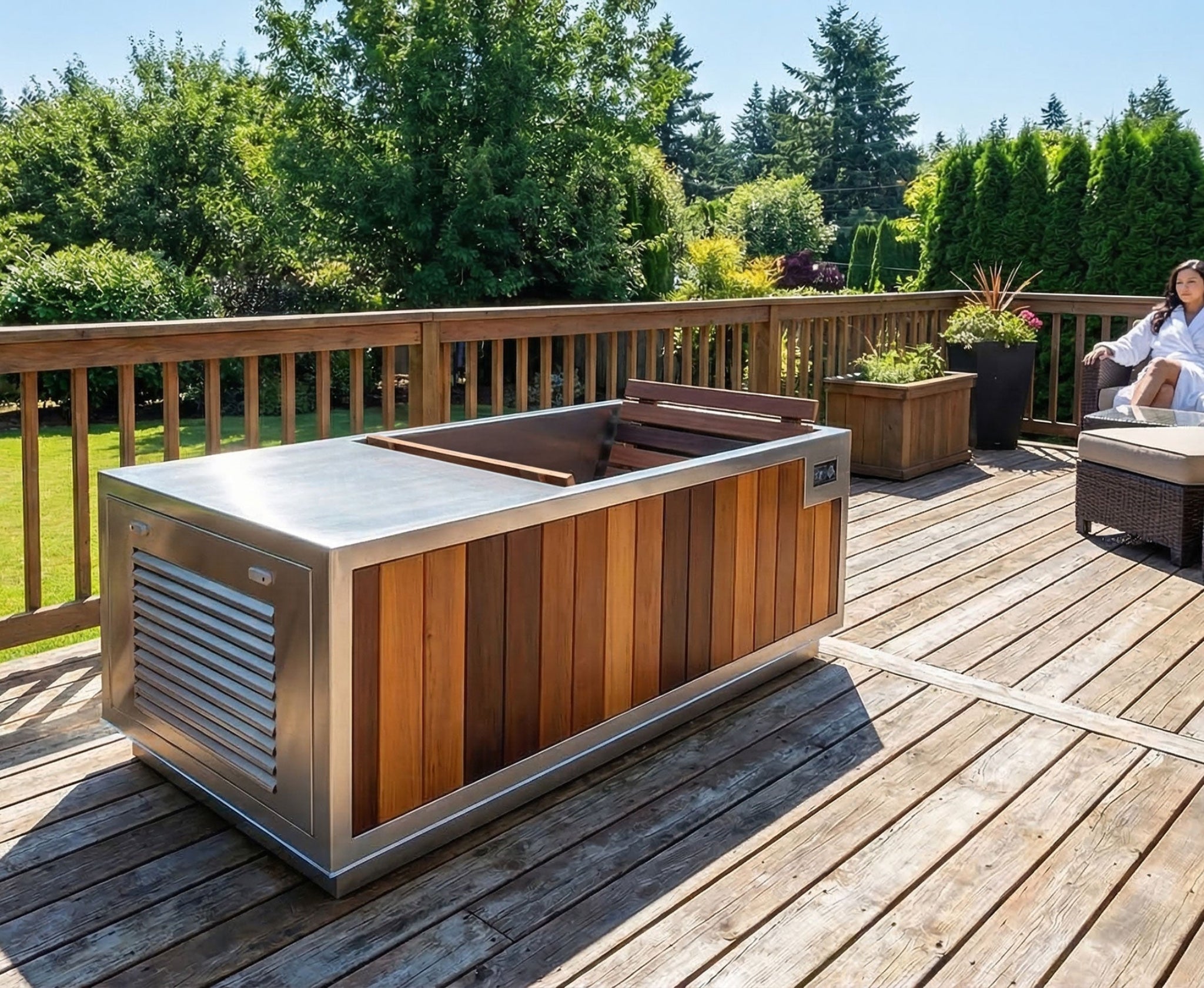 Finnmark plunge tub brushed stainless steel top and sides and medium-brown wood paneling, shown on a wooden deck with A woman is seated on a lounge chair.