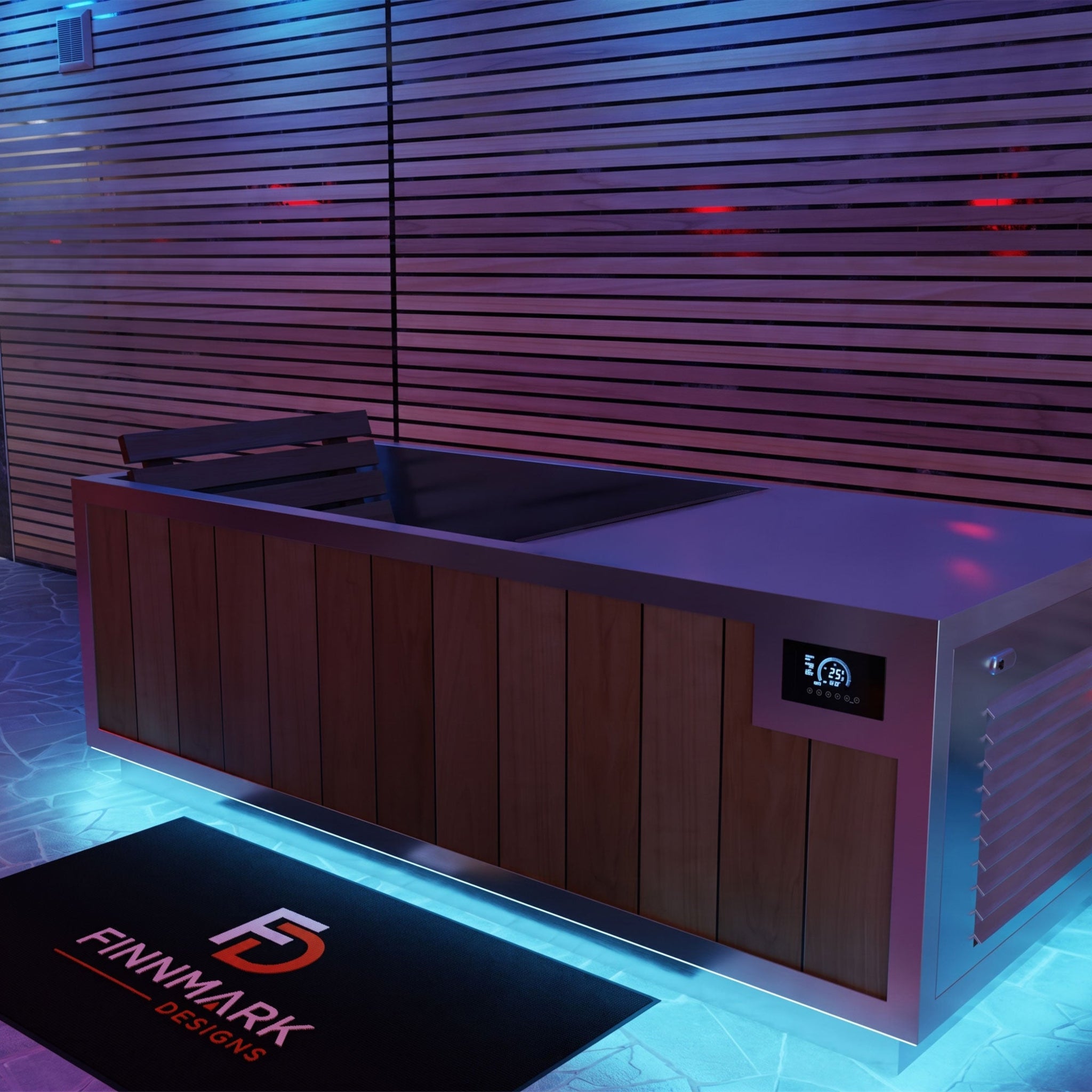 Finnmark plunge tub with blue and purple ambient lighting. A black Finnmark Designs branded mat is placed in front.