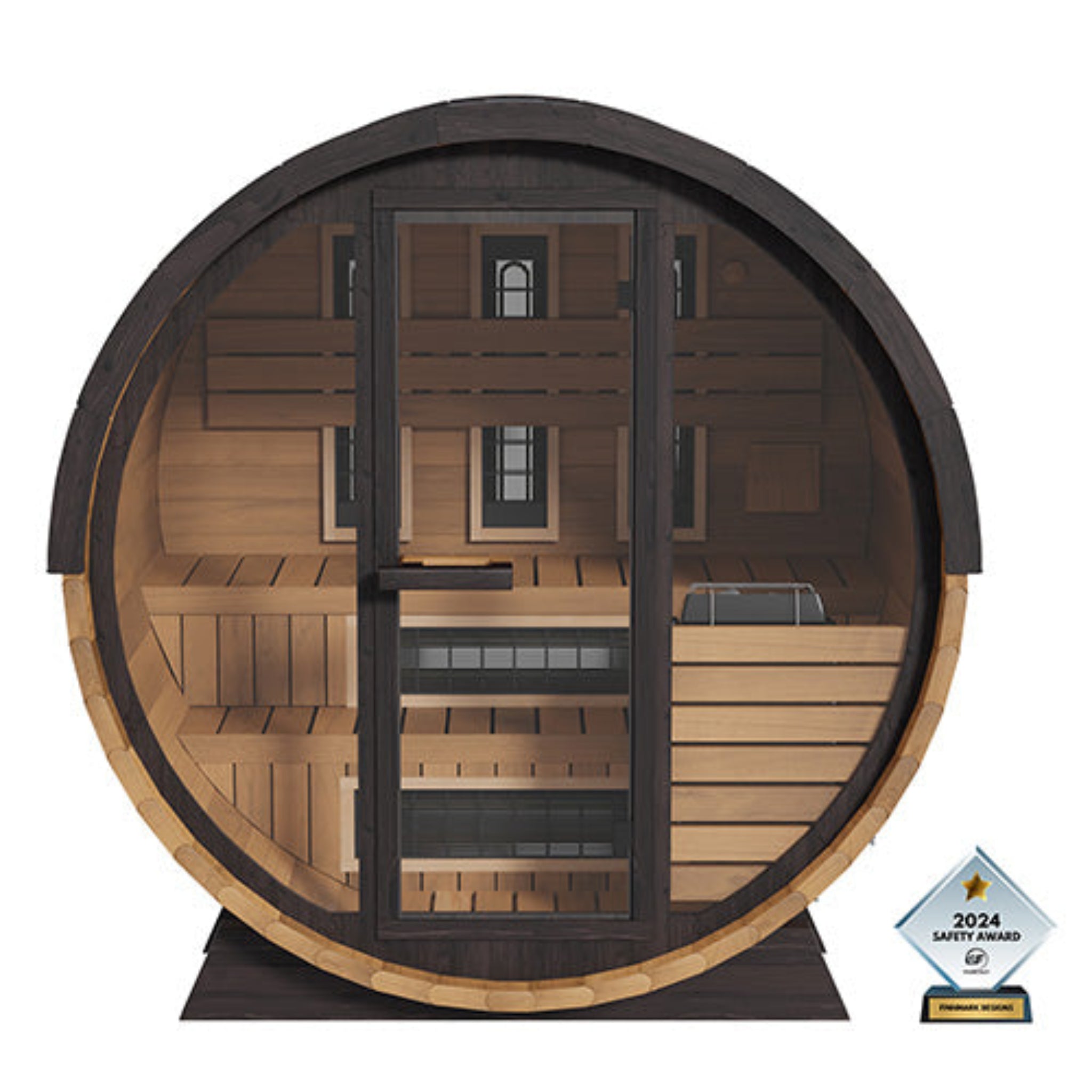 Finnmark FD-6 combination infrared and steam barrel sauna front view with safety award