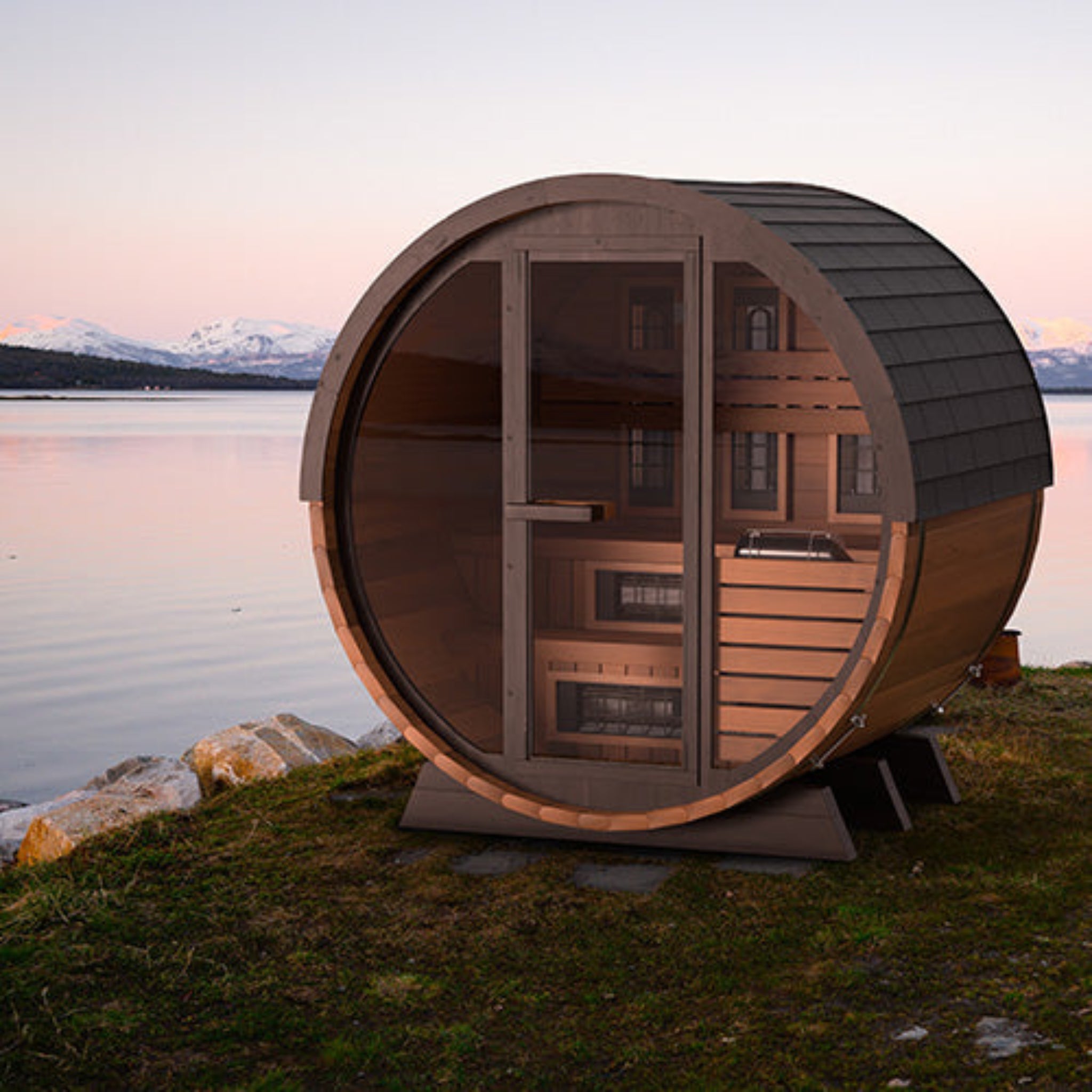 Finnmark FD-6 combination barrel sauna in outdoor backyard lifestyle setting, Canadian cedar