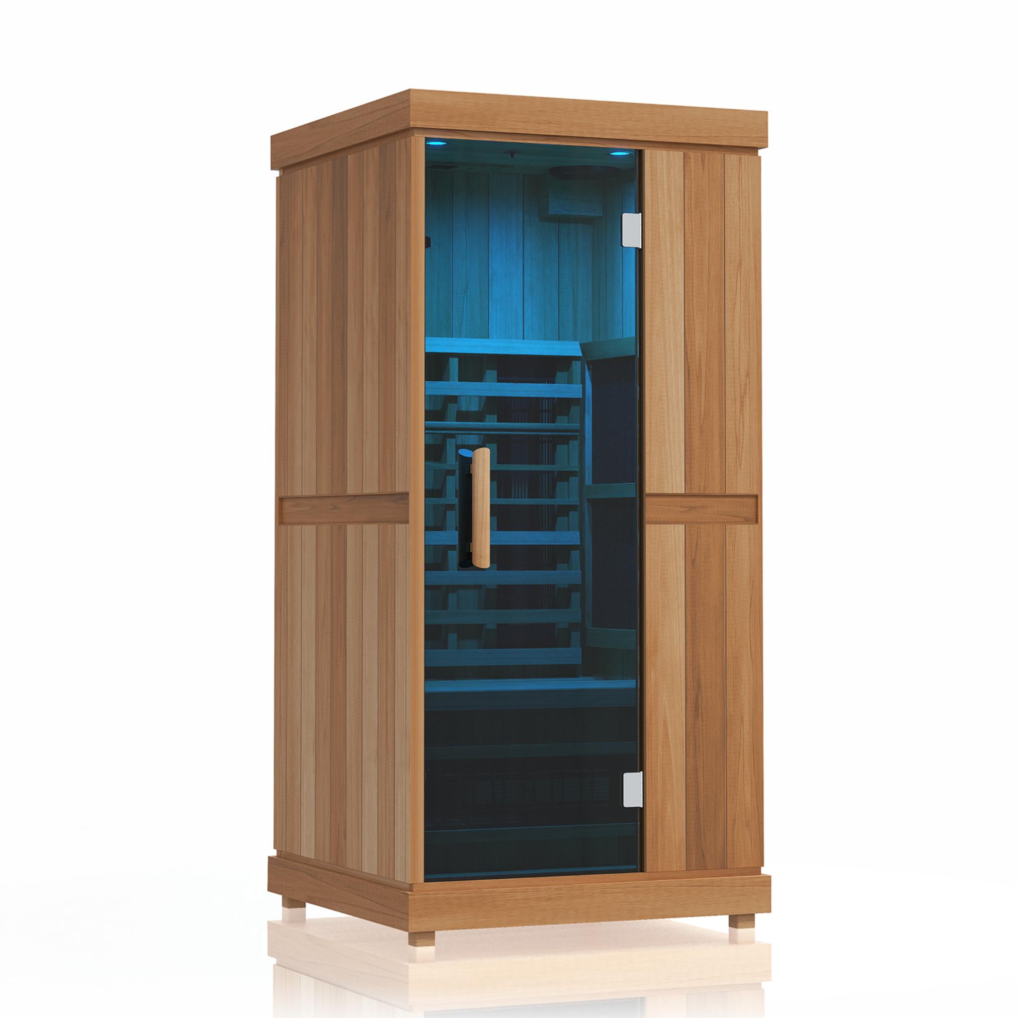 Finnmark FD-1 infrared sauna with blue chromotherapy lighting