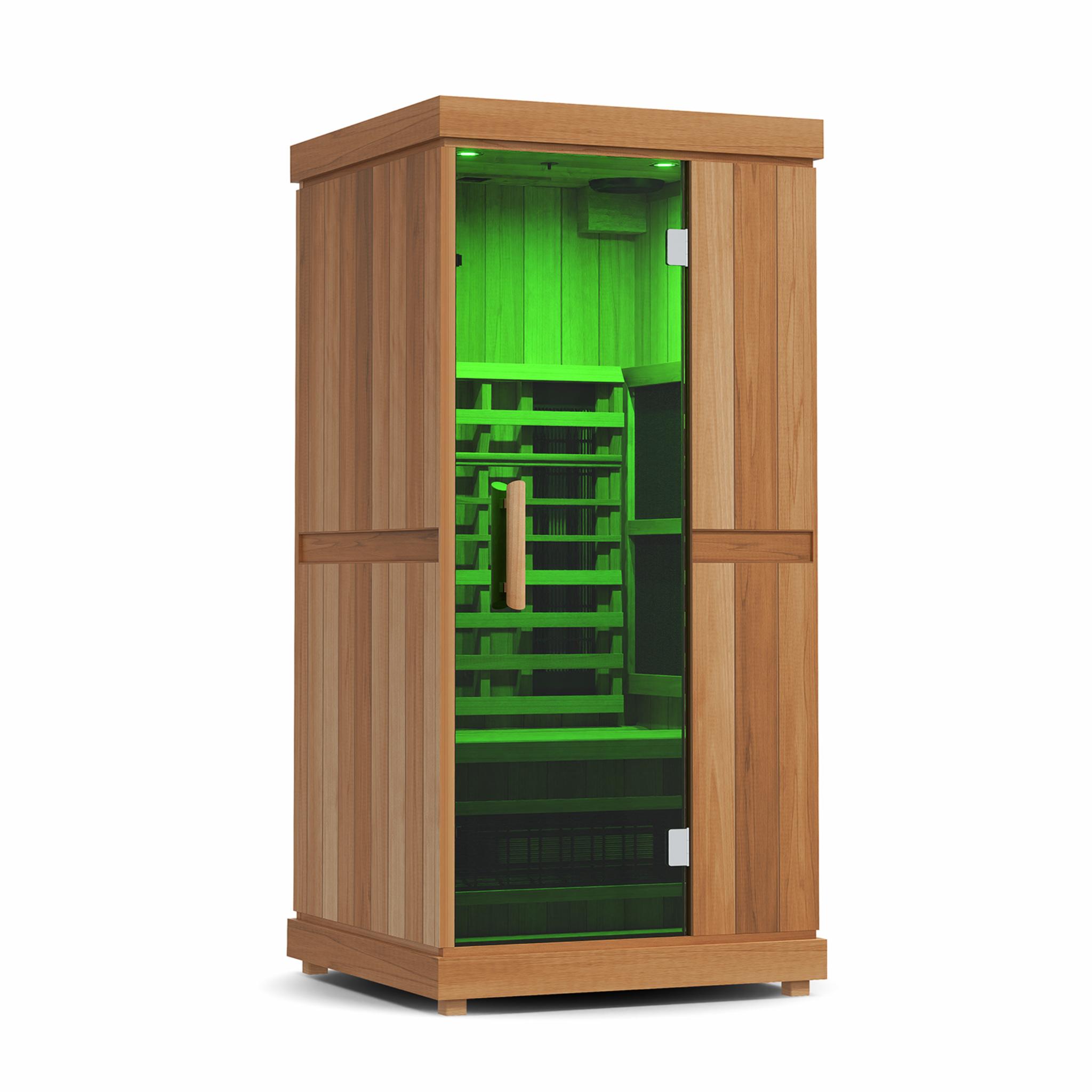 Finnmark FD-1 infrared sauna with green chromotherapy lighting