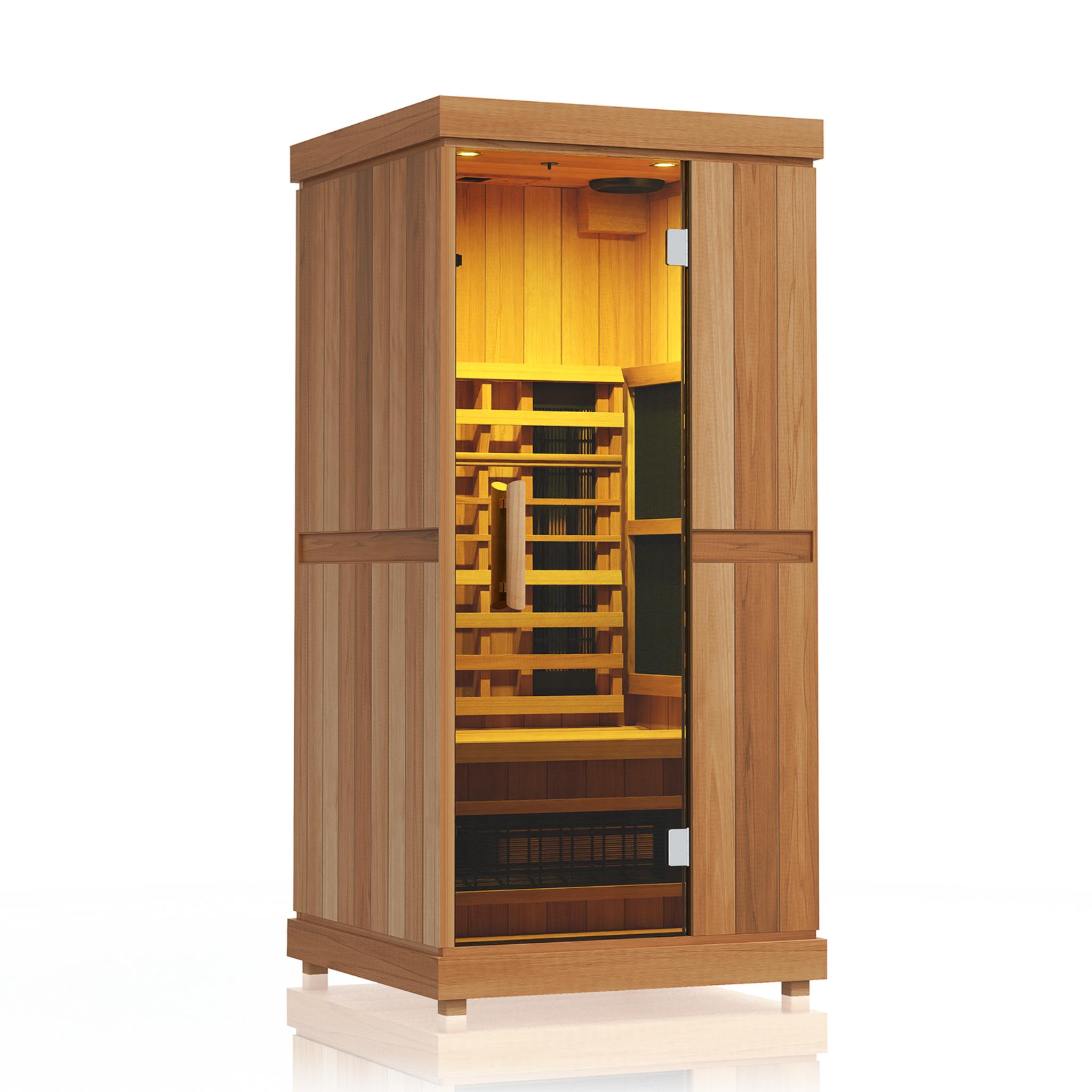 Finnmark FD-1 infrared sauna with yellow chromotherapy lighting