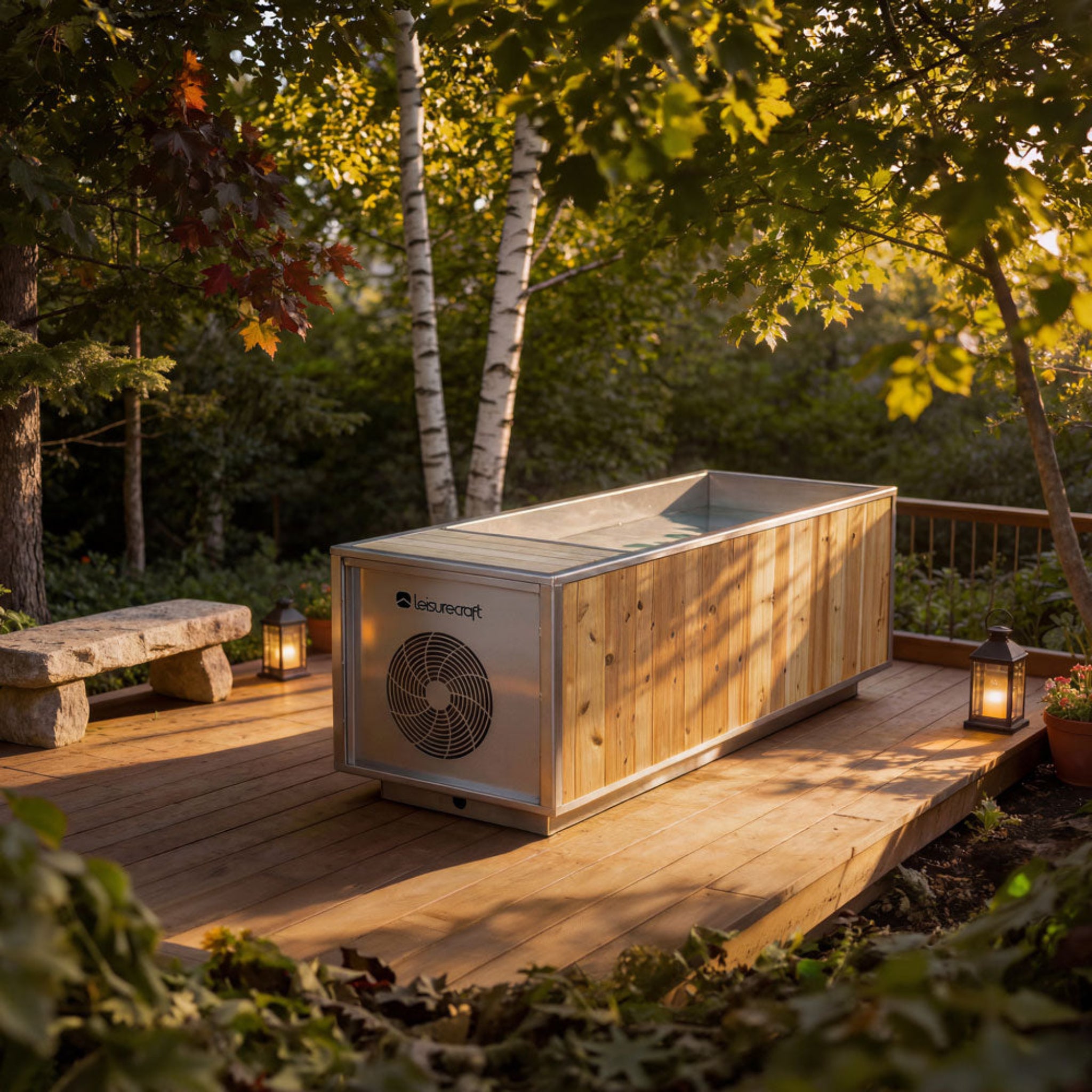 Dundalk LeisureCraft Flow Cold Plunge | Cedar & Stainless Steel in a serene outdoor setting with trees.