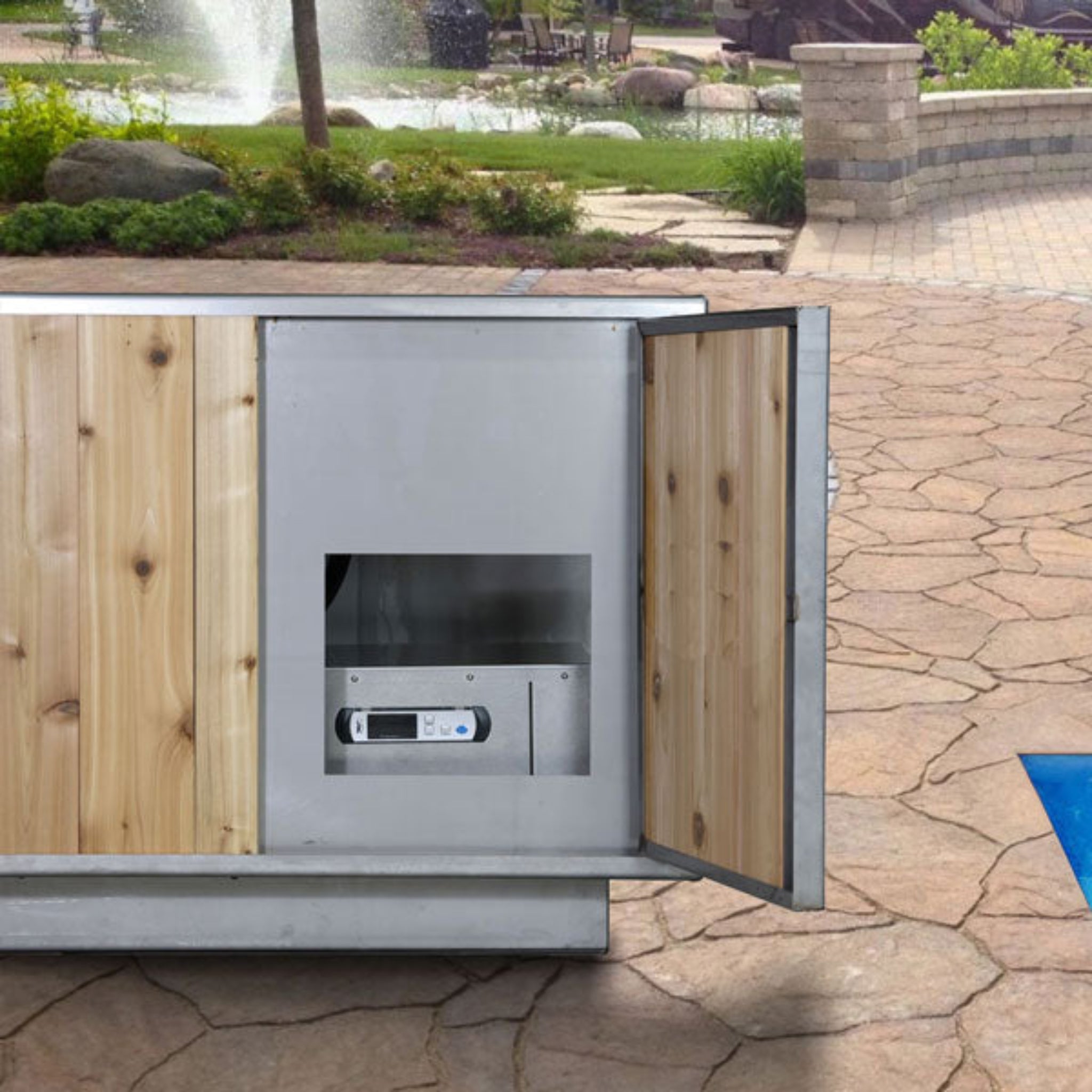 Dundalk LeisureCraft Flow Cold Plunge | Cedar & Stainless Steel with modern stainless steel and cedar wood design.