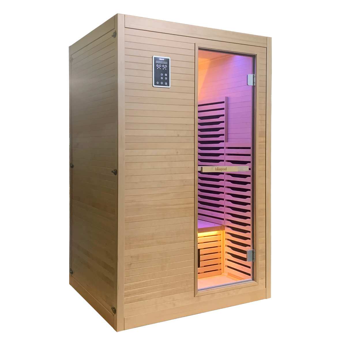 Full Spectrum Indoor Sauna from Blisspod Helsinki designed for two people, featuring a sleek wooden exterior and colorful lights.