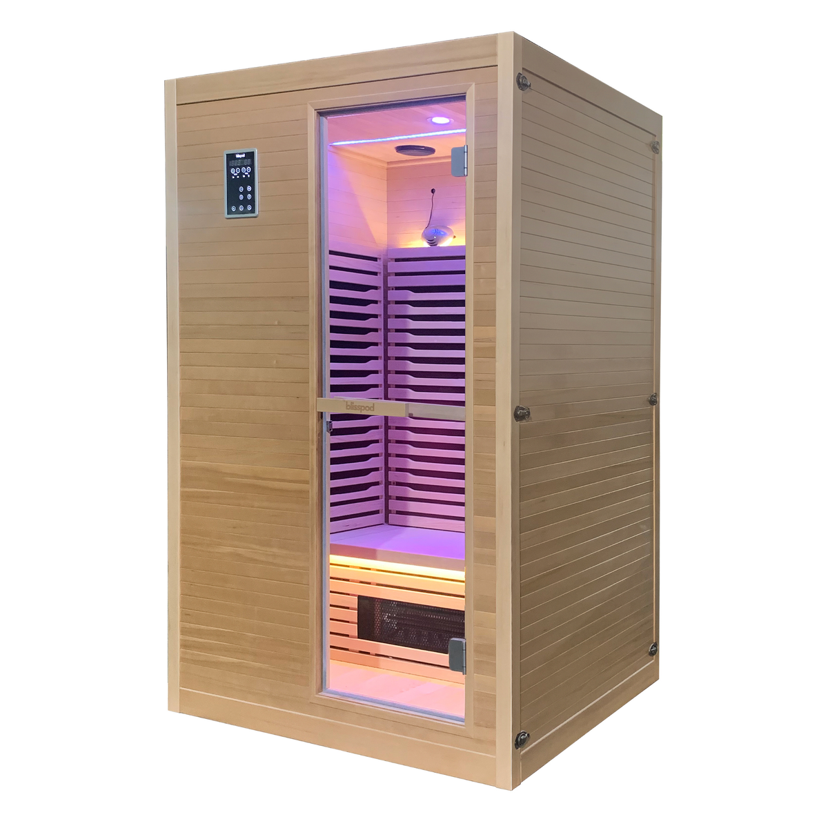 Full Spectrum Indoor Sauna | Blisspod Helsinki | 2-Person with vibrant lighting and sauna features.