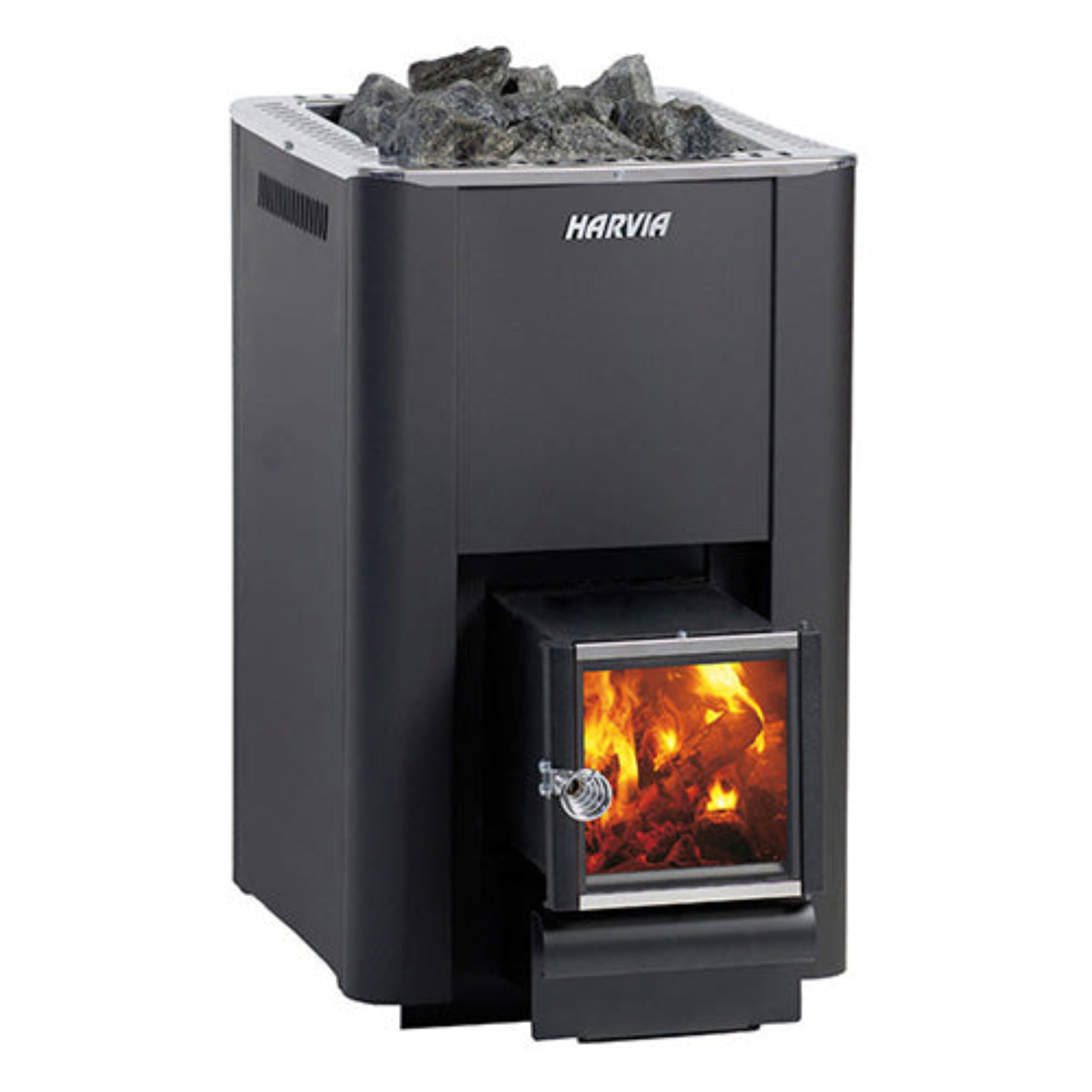 Harvia PRO 20 SL wood-burning sauna stove — front view showing stainless steel body and stone basket