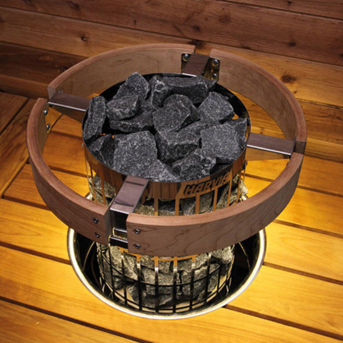 Harvia HPCU3LUL Cilindro Safety Railing on a sauna heater on a wooden floor
