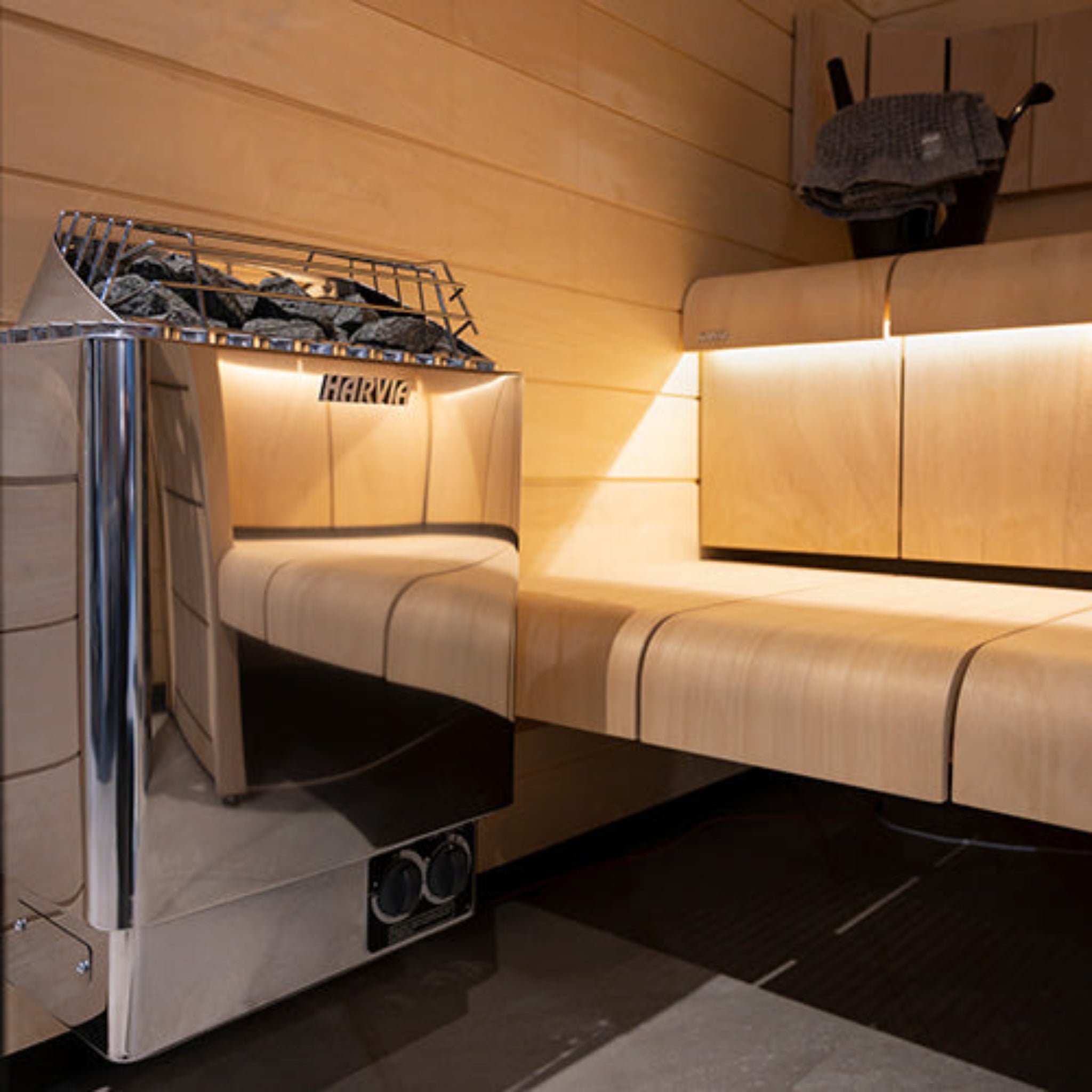 Harvia KIP45B sauna heater — lifestyle view in residential sauna room
