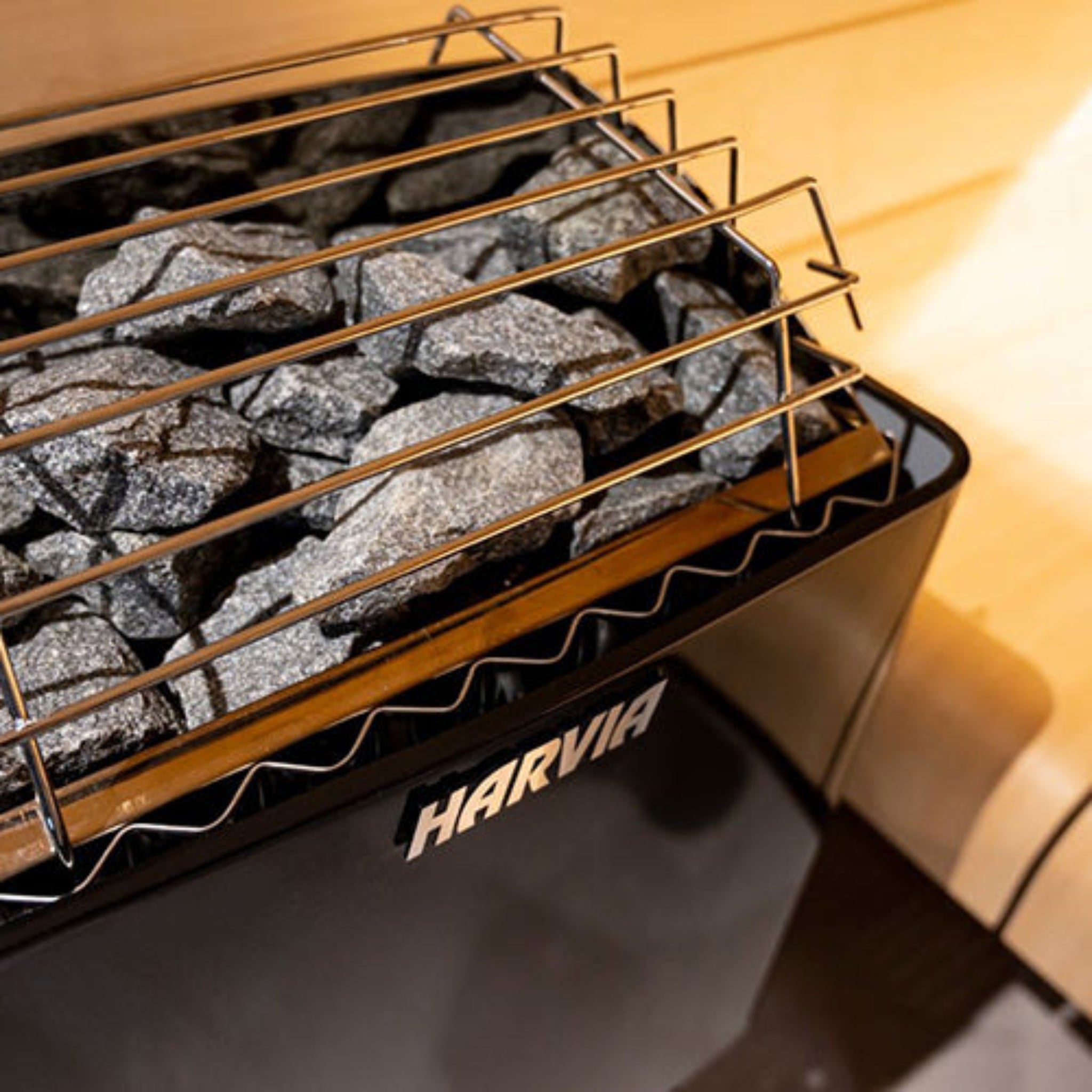 Harvia KIP80B sauna heater — lifestyle view showing heater in use in sauna environment