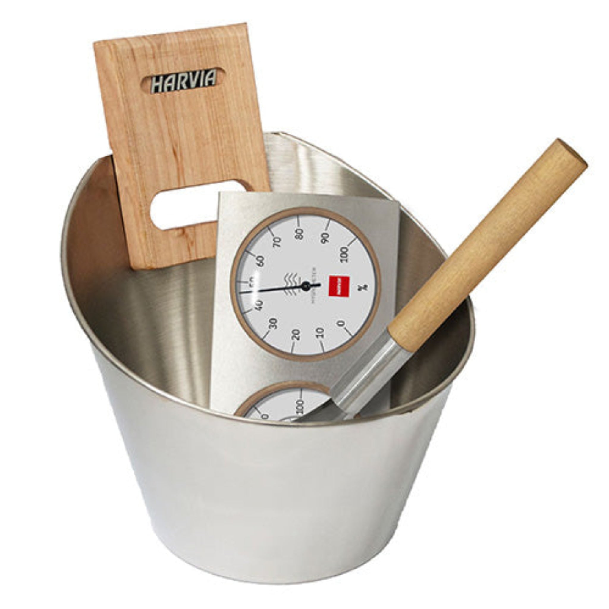 Harvia sauna accessory set with stainless steel bucket, ladle, thermometer and hygrometer