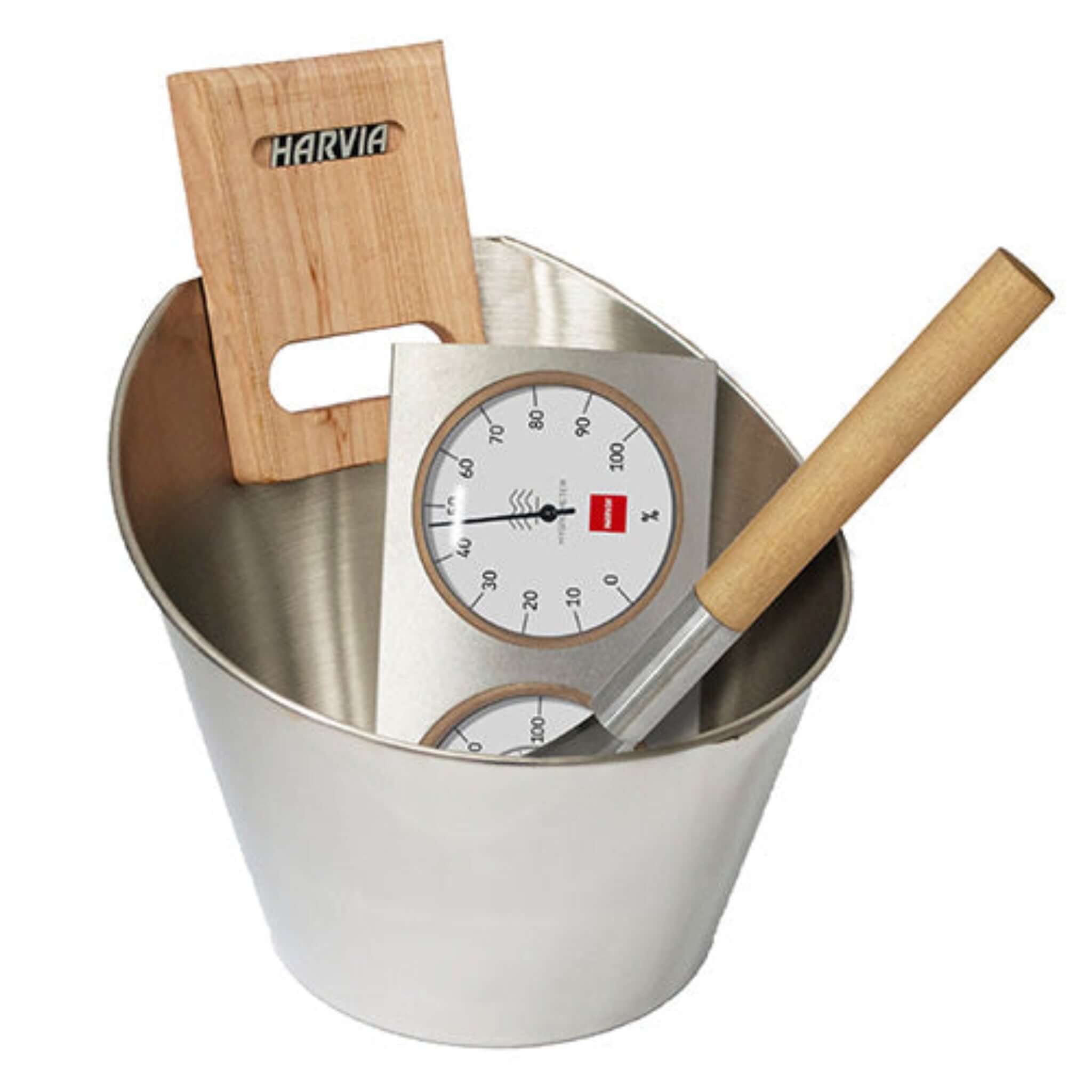 Harvia sauna accessory set with stainless steel bucket, ladle, thermometer and hygrometer