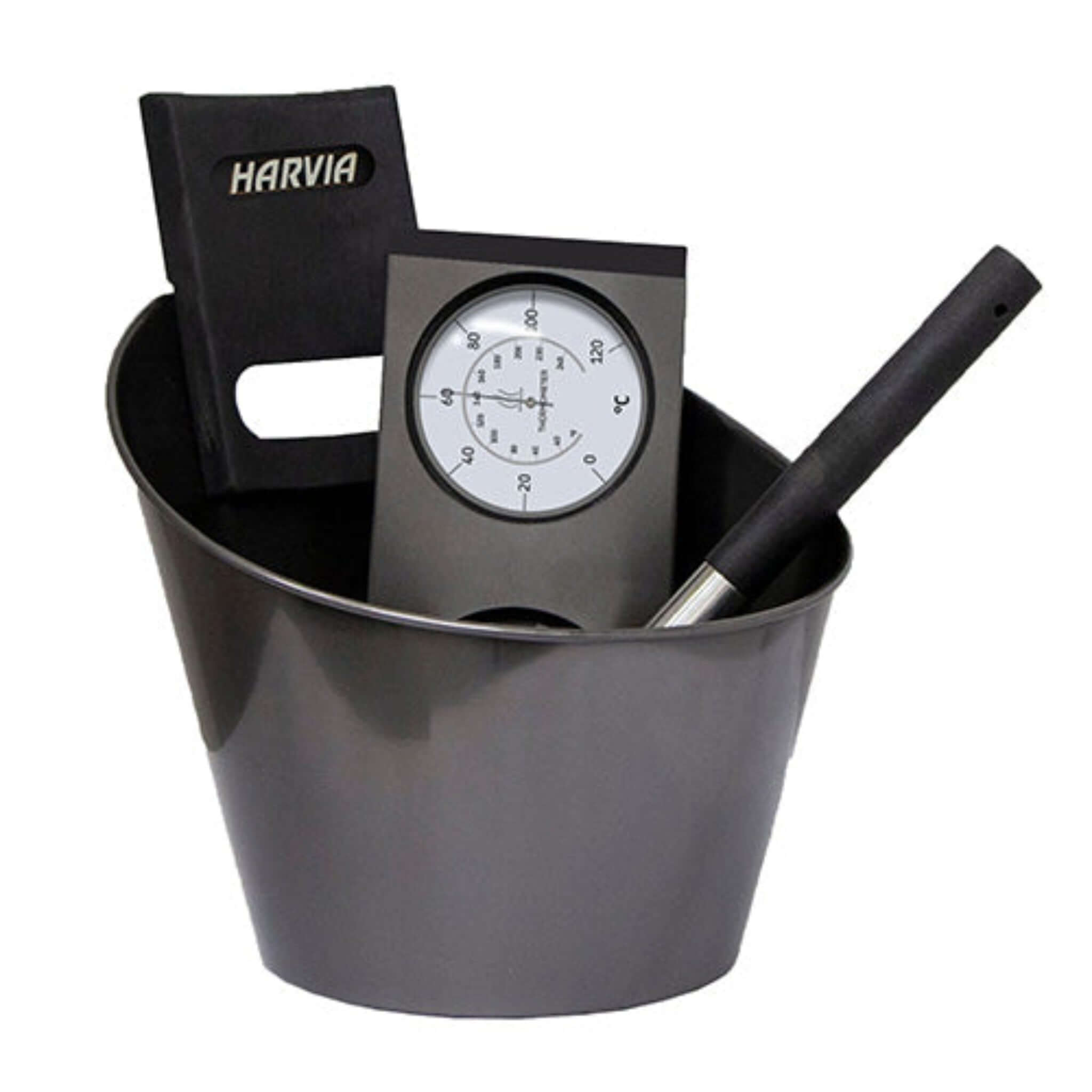 Harvia sauna accessory set — full collection laid out including bucket, ladle and gauges - black
