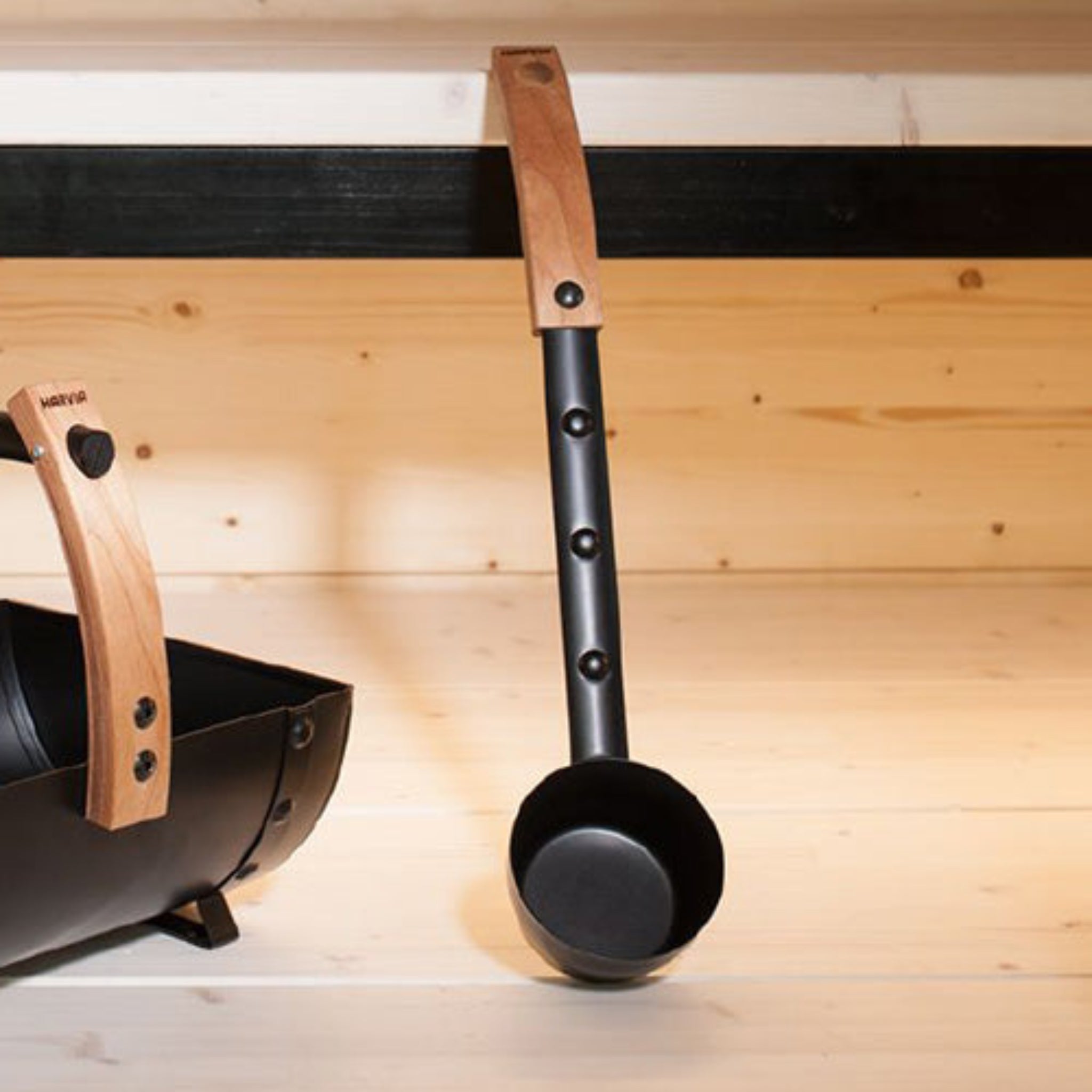 Harvia Legend Sauna Ladle handle detail thermo-aspen wood