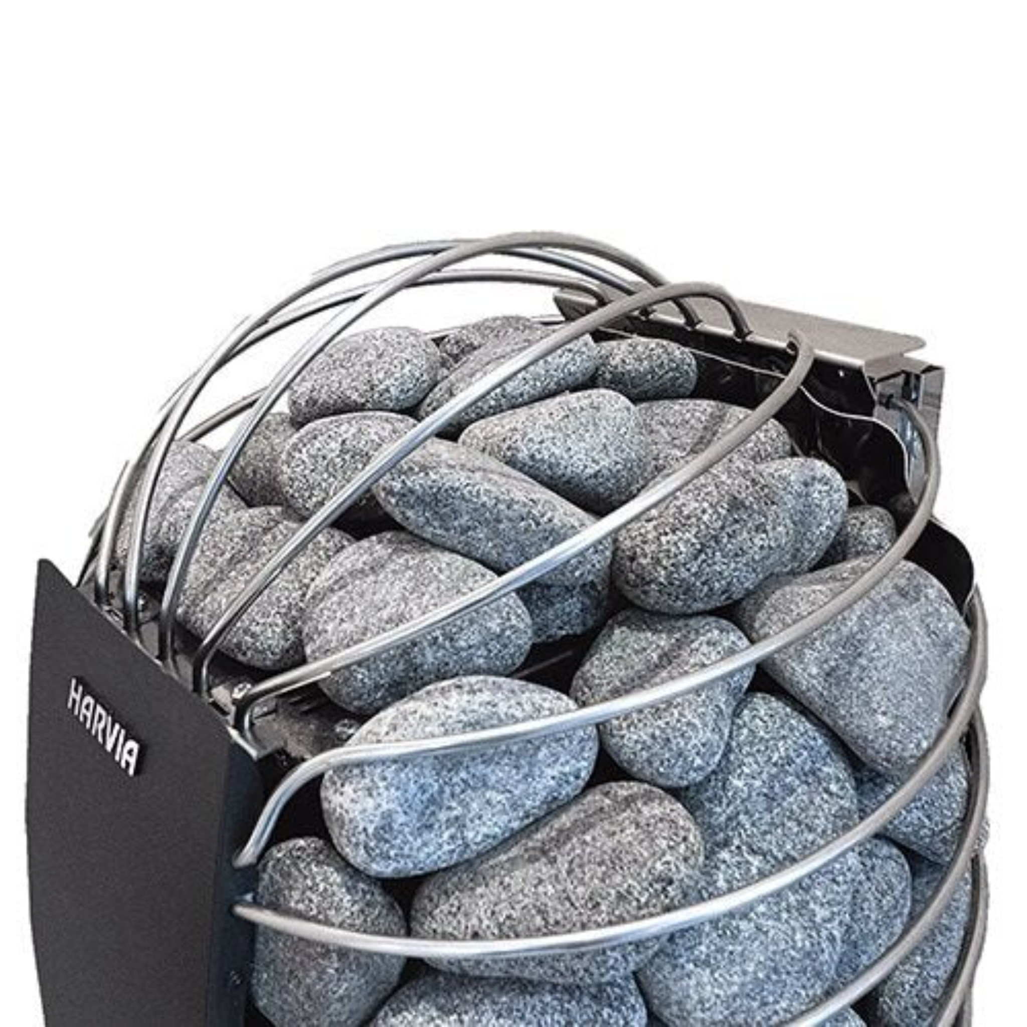 Harvia Spirit sauna heater — close-up detail of black finish, stone basket, and heating elements