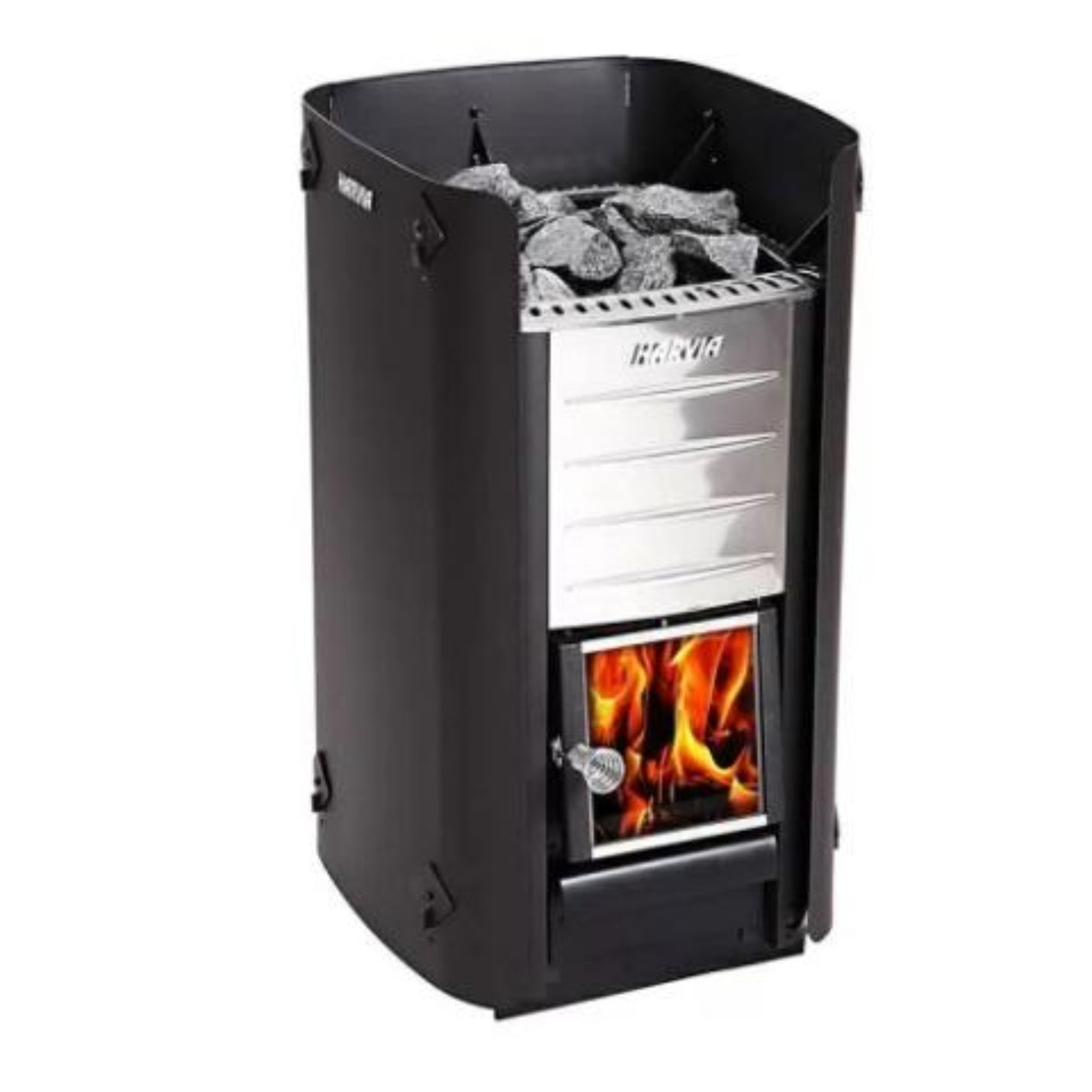 Harvia protective sheath on a Harvia heater on a white background