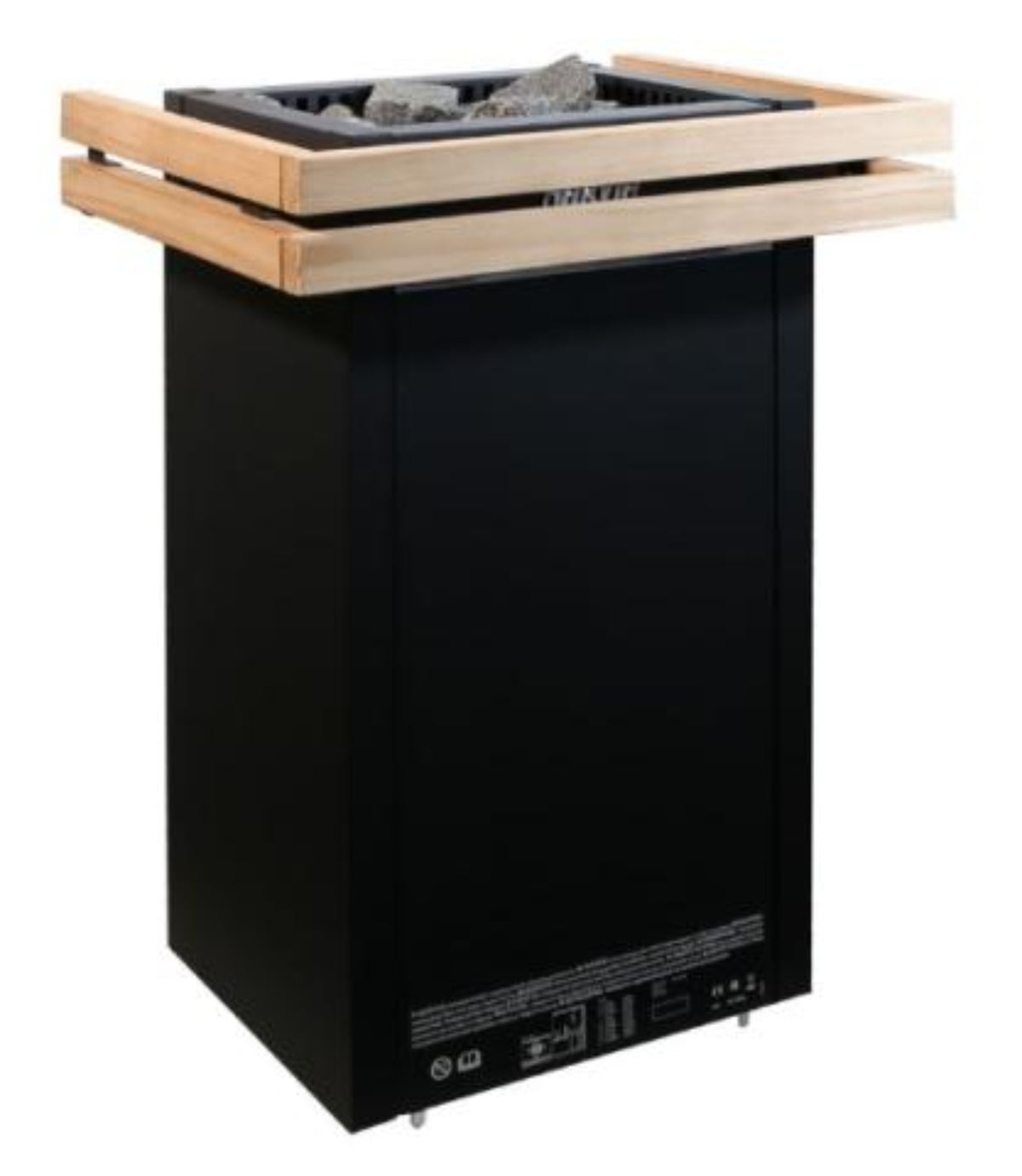 Black Harvia sauna heater with wooden top on a white background