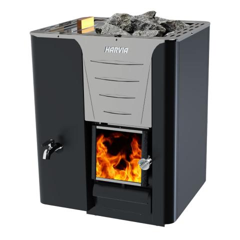 Harvia Pro Series 40kW wood-burning sauna heater with fire and stones, ideal for commercial and large residential use.
