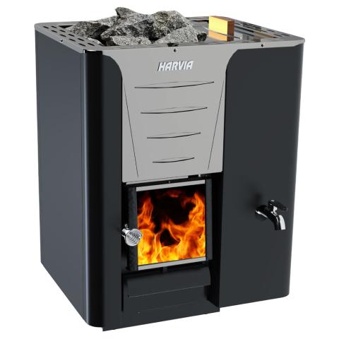 Harvia Pro Series 40kW wood-burning sauna heater with flames and rock top, ideal for commercial and large residential use.