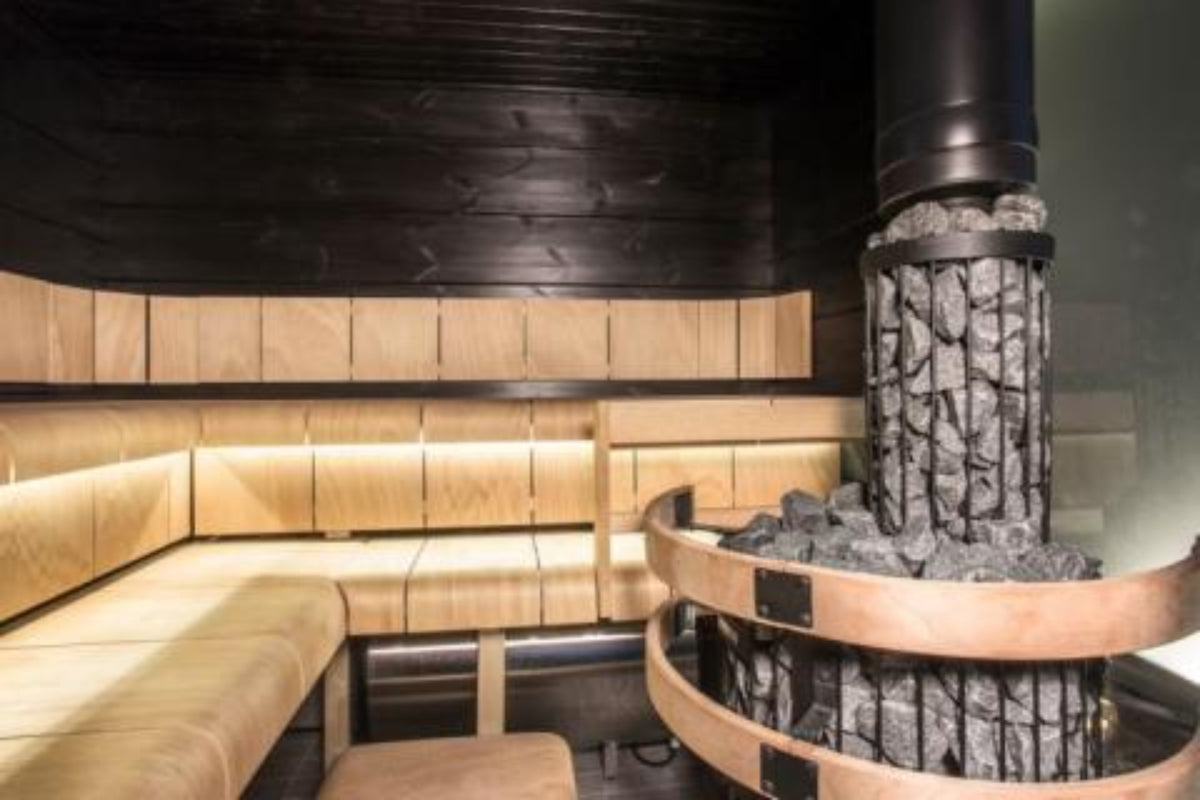 Harvia WL300 smoke pipe cover on a heater in a sauna setting