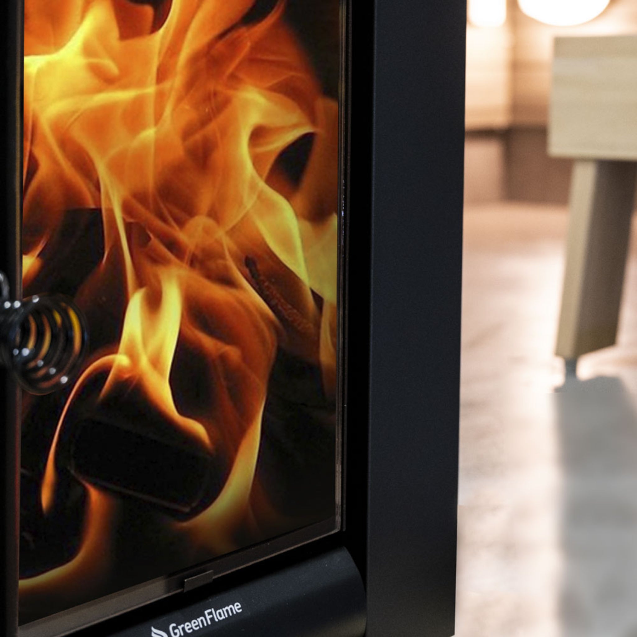 Harvia GreenFlame Series sauna stove — alternate view showing wood-burning firebox