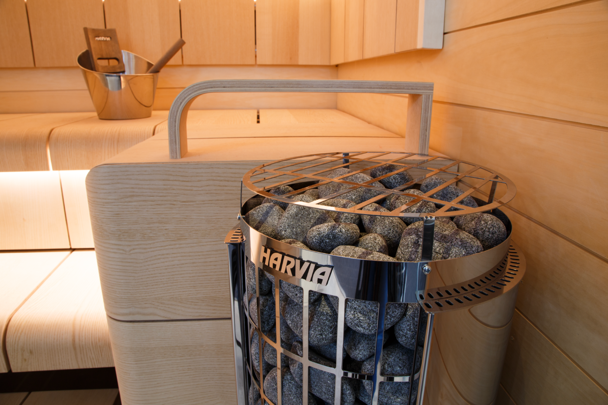 Harvia Cilindro Half PC90 9kW electric sauna heater inside sauna close up view