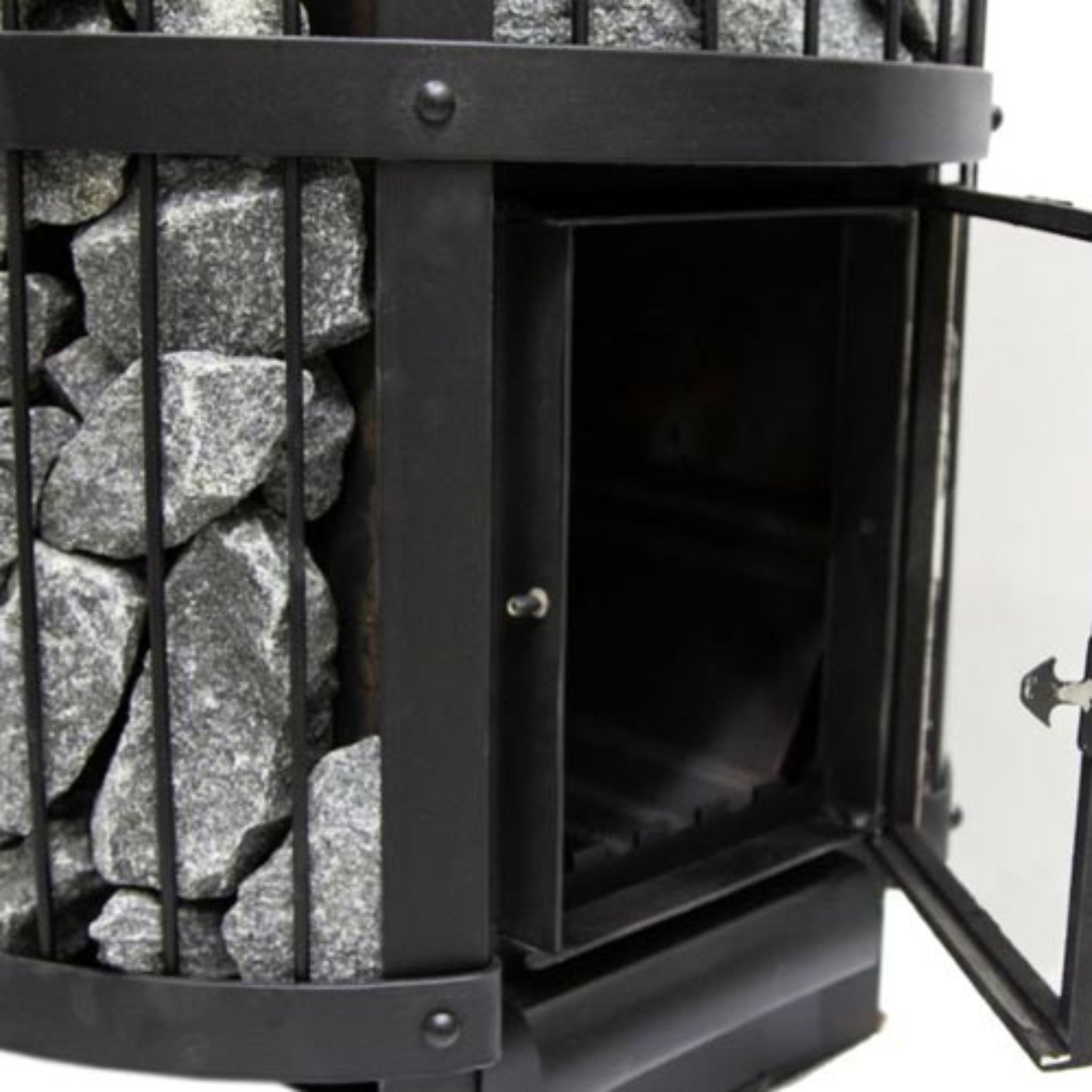 Harvia Legend 240 GreenFlame sauna stove — detail view of cast-iron glass door and firebox