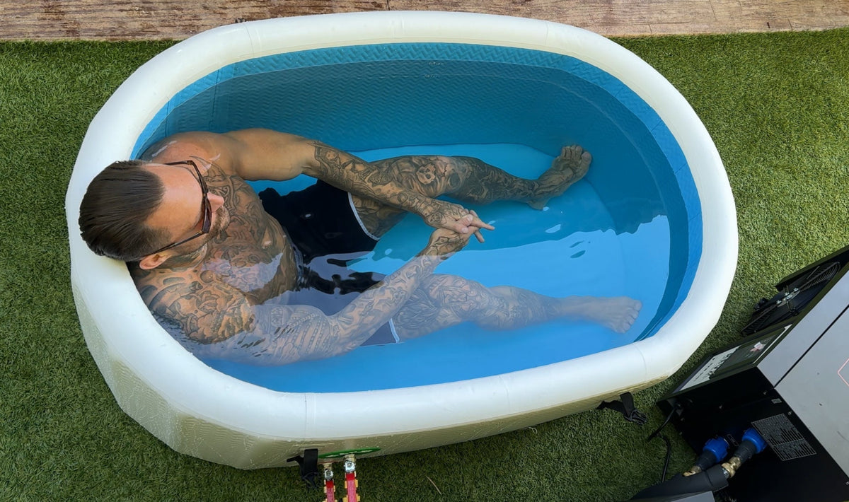 Overhead view of a person seated in a RevX inflatable tub