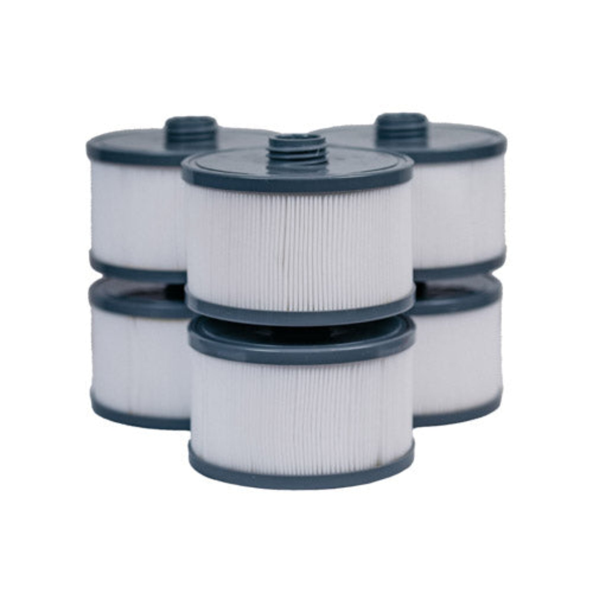 Set of five cylindrical Icetubs filters with gray tops on a white background