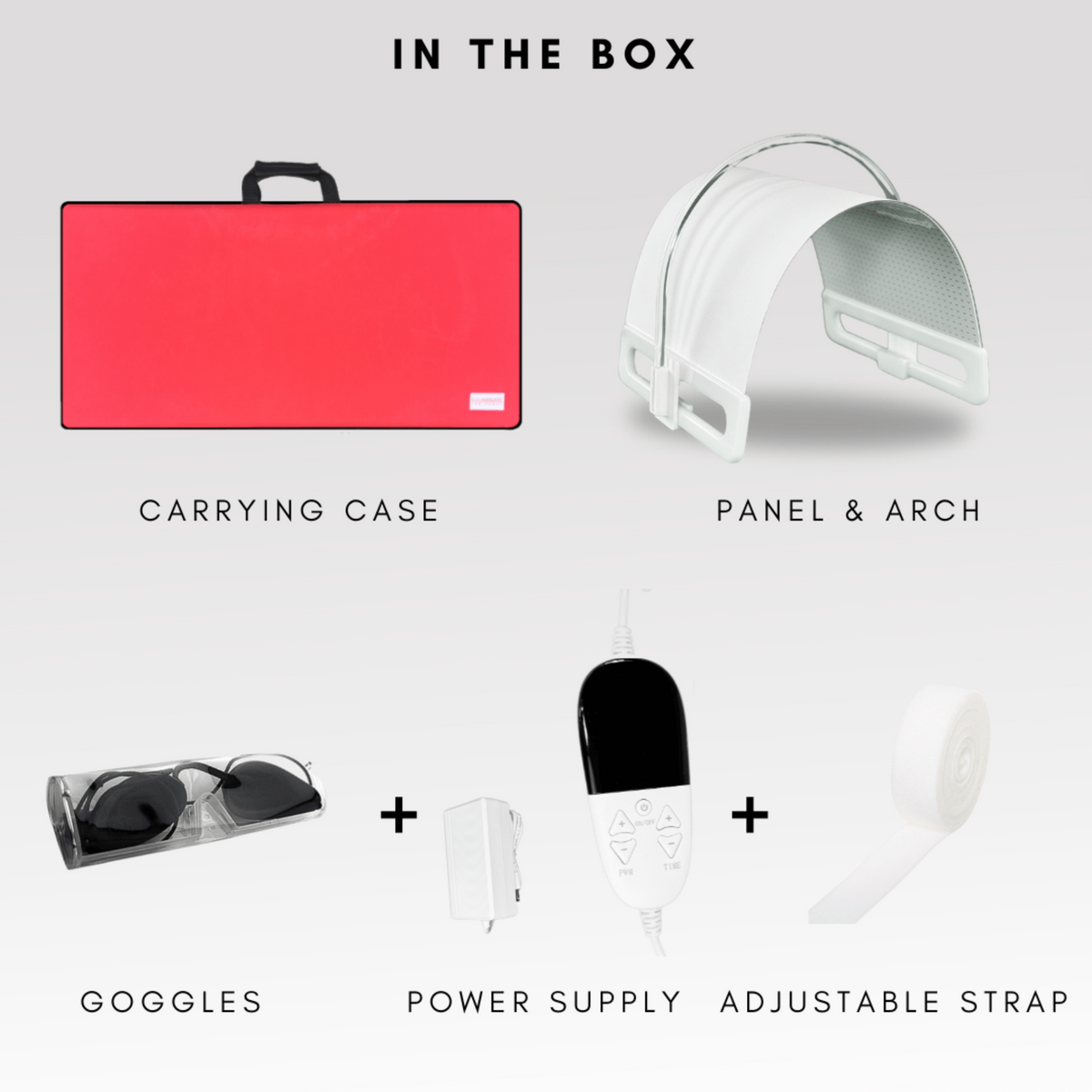 Illuminate Blue product components including carrying case, panel, arch, goggles, power supply, adjustable strap.