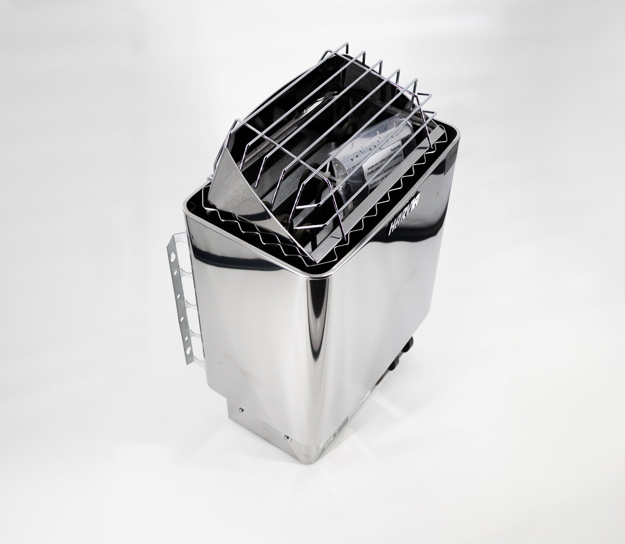 Harvia KIP80W electric sauna heater — angled view showing stainless steel housing and stone basket