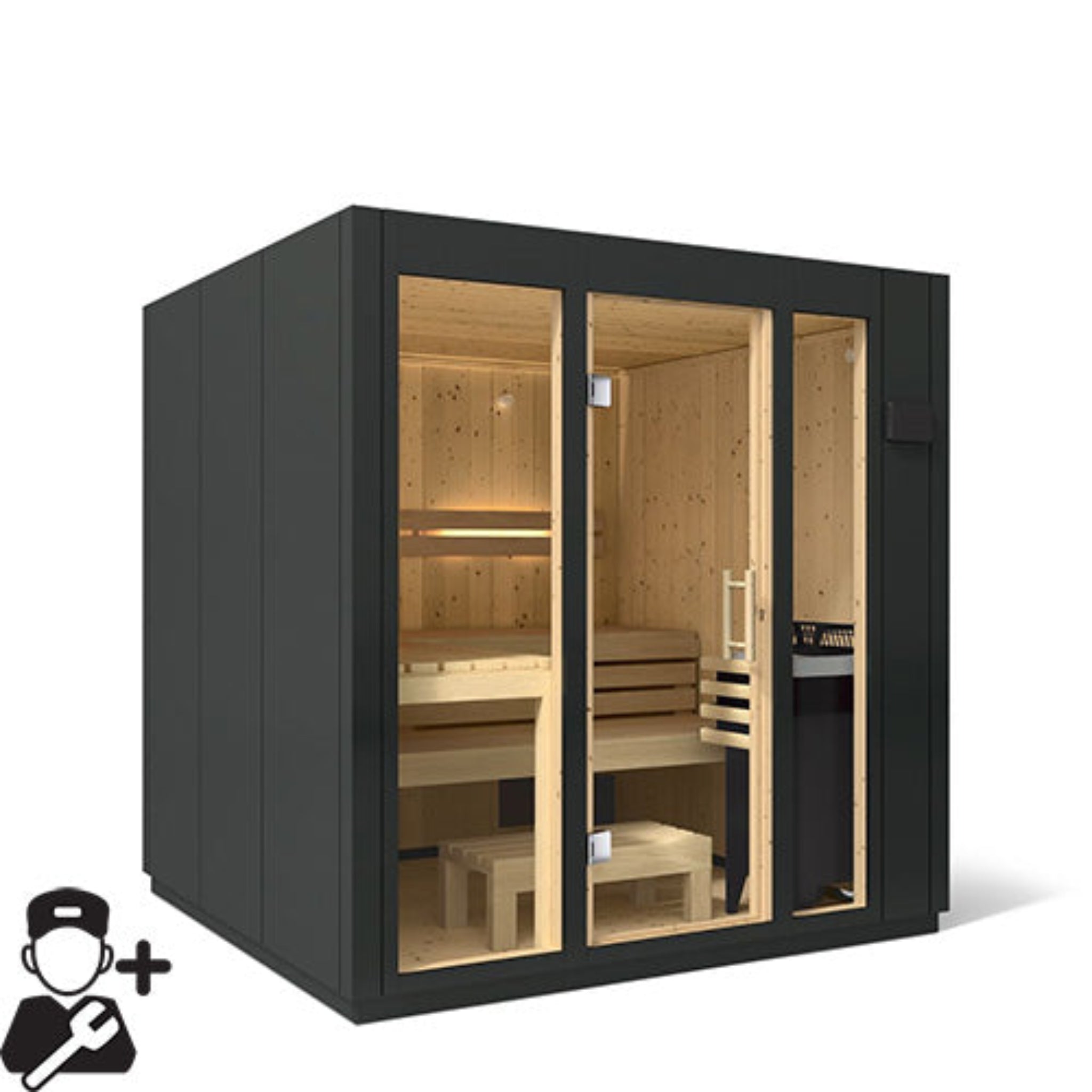 Kohler C1 indoor sauna with clean architectural styling and electric heater, designed for indoor use.