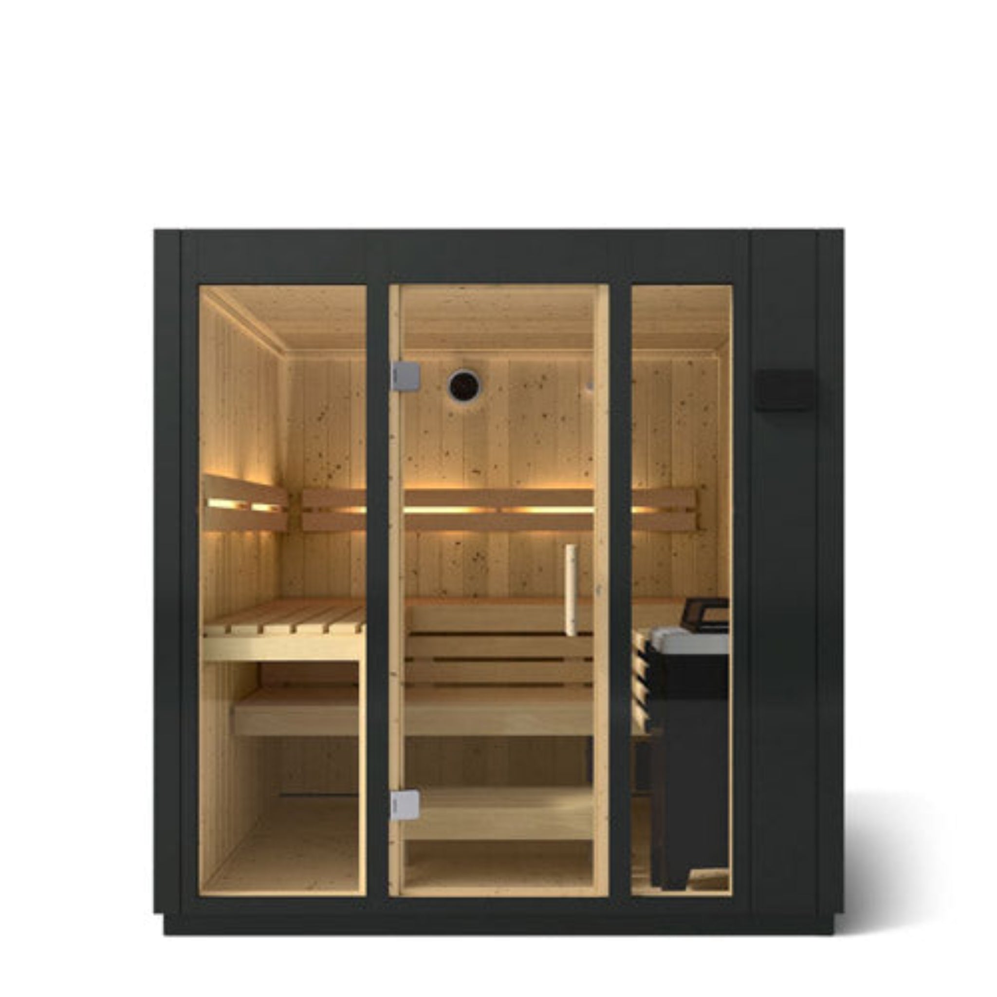 Kohler C1 indoor sauna featuring spacious interior, wooden benches, and modern design.