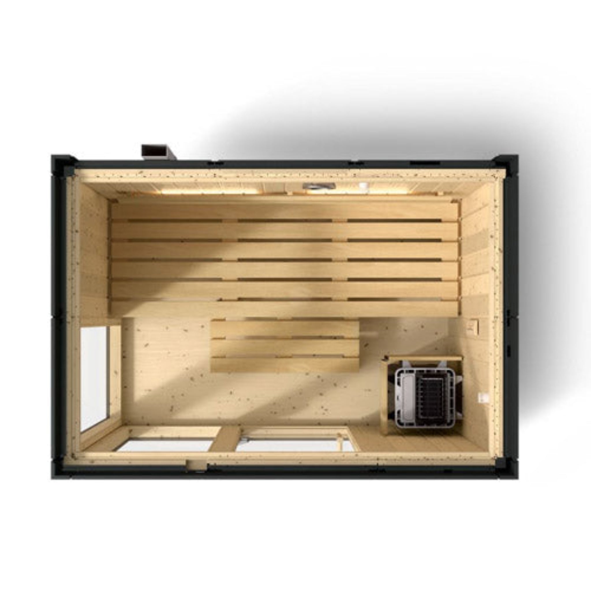 Top view of the Kohler C1 indoor sauna interior showcasing seating and heater.