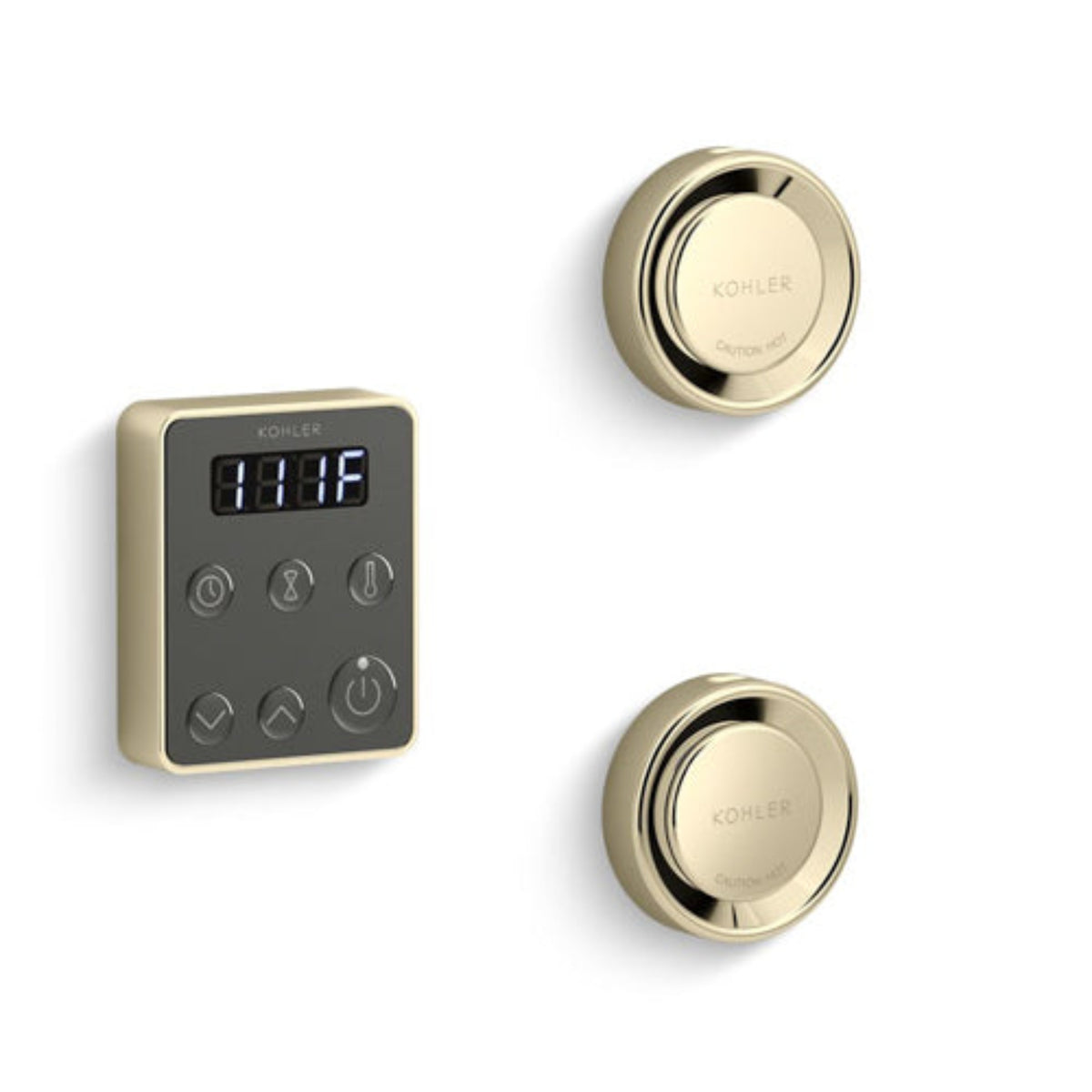 Kohler steam generator control kit set featuring a rectangular digital control panel and two round touch sensors in a brushed gold finish, shown on a clean white background.